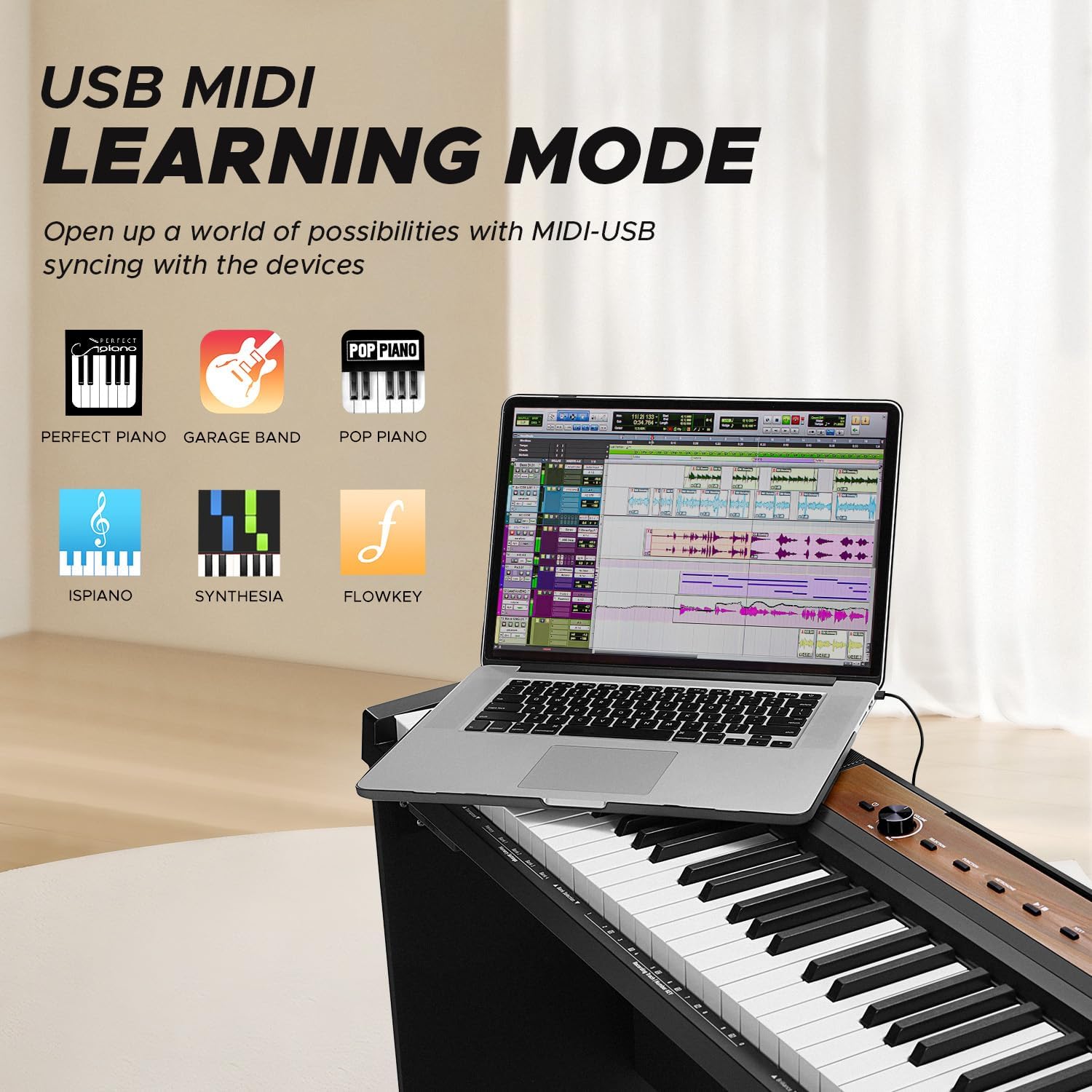 Starfavor SP-15SW digital piano connected via USB MIDI to a laptop displaying music learning software.