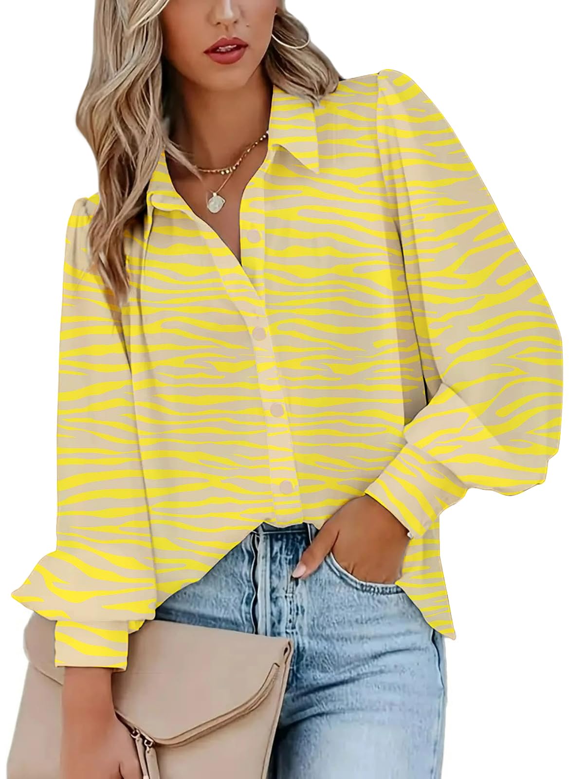 Zeagoo Womens Shirts Button Down Printed Lantern Long Sleeve Blouse Fashion Casual Tops 2025