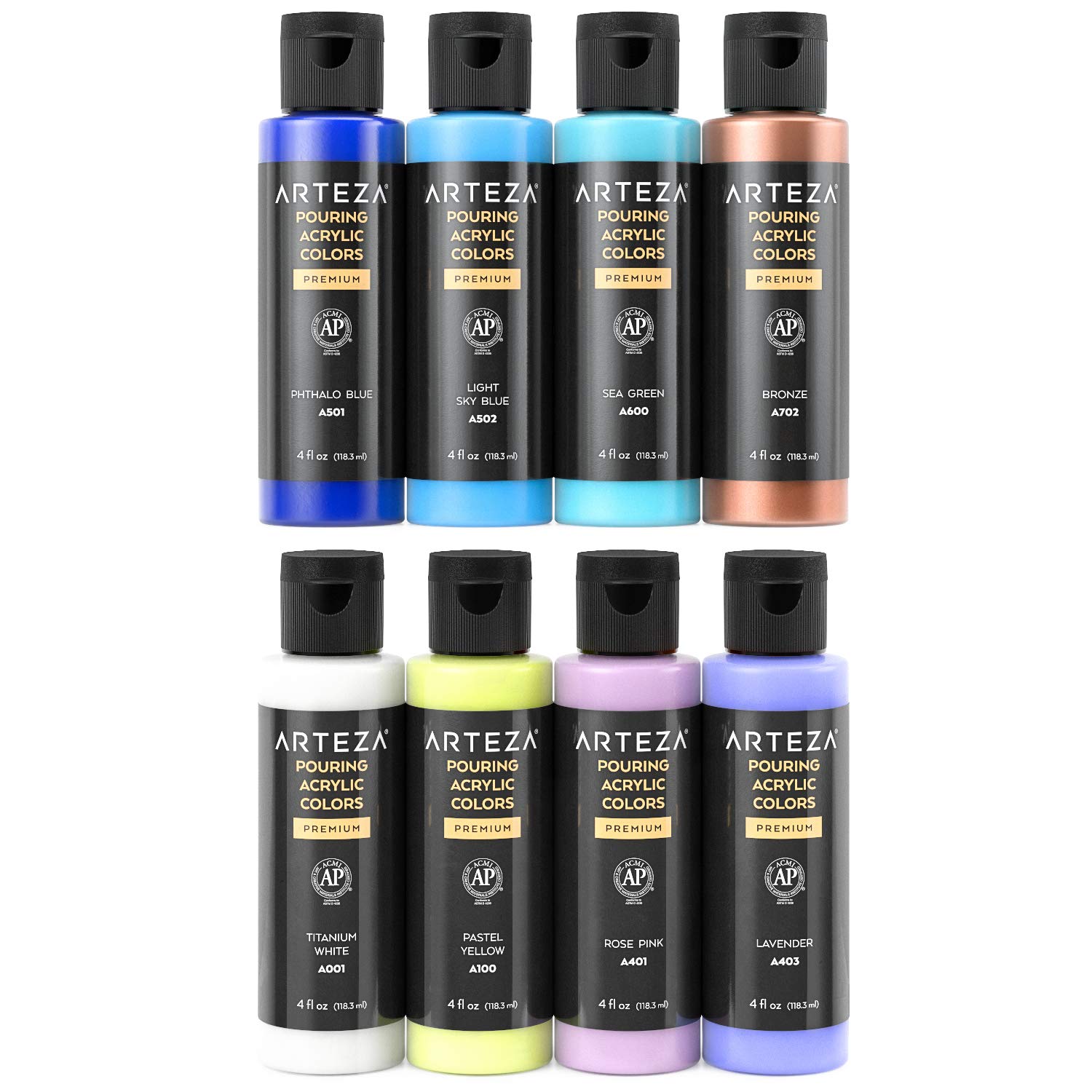 ARTEZA Set de peinture acrylique à verser, bouteilles de 120 ml, set de 8 couleurs pastel, pas de mélange nécessaire, peinture à verser : Toile, verre, papier, bois, carrelage et pierres