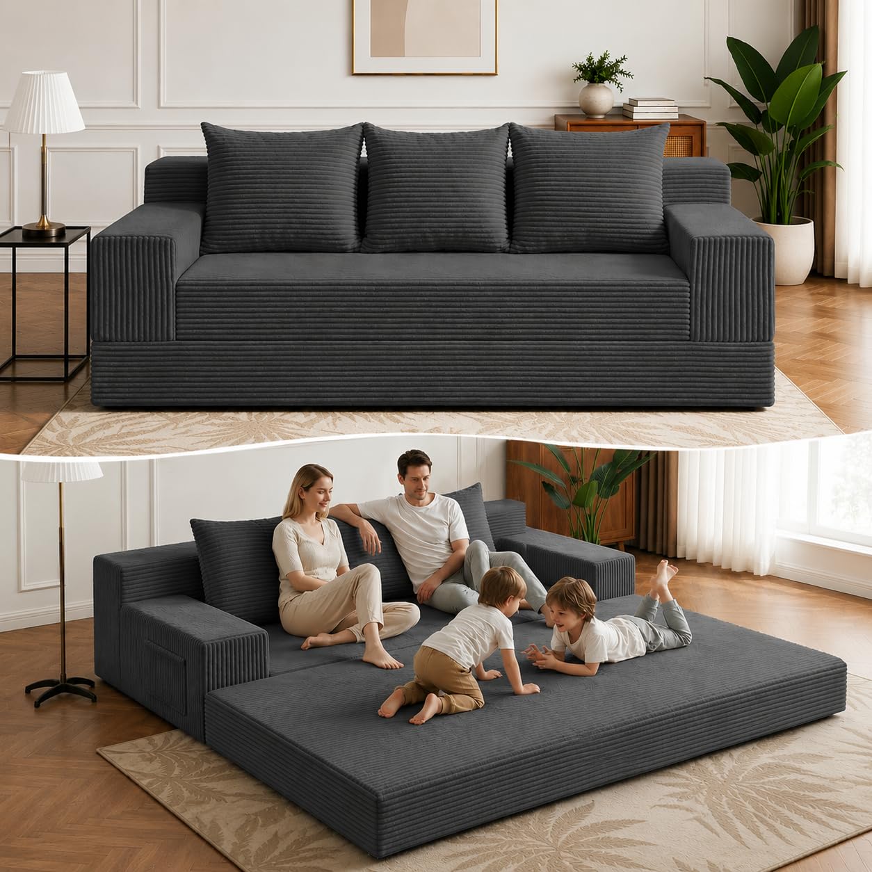 Photo 1 of Winzoo 2 in 1 Convertible Boneless Couch Bed, Corduroy futon Sofa Bed, Compression Folding Floor Couch Sofas Bed with 3 Pillows for Bedroom, Small Space Guest and Living Room Sofa (Grey, 78 Inches)