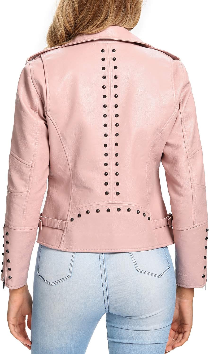 S P Y M Womens Faux Leather Jacket, Double Zip Up Coat, Moto Biker Outwear with Rivets, Regular and Plus Size - Image 3