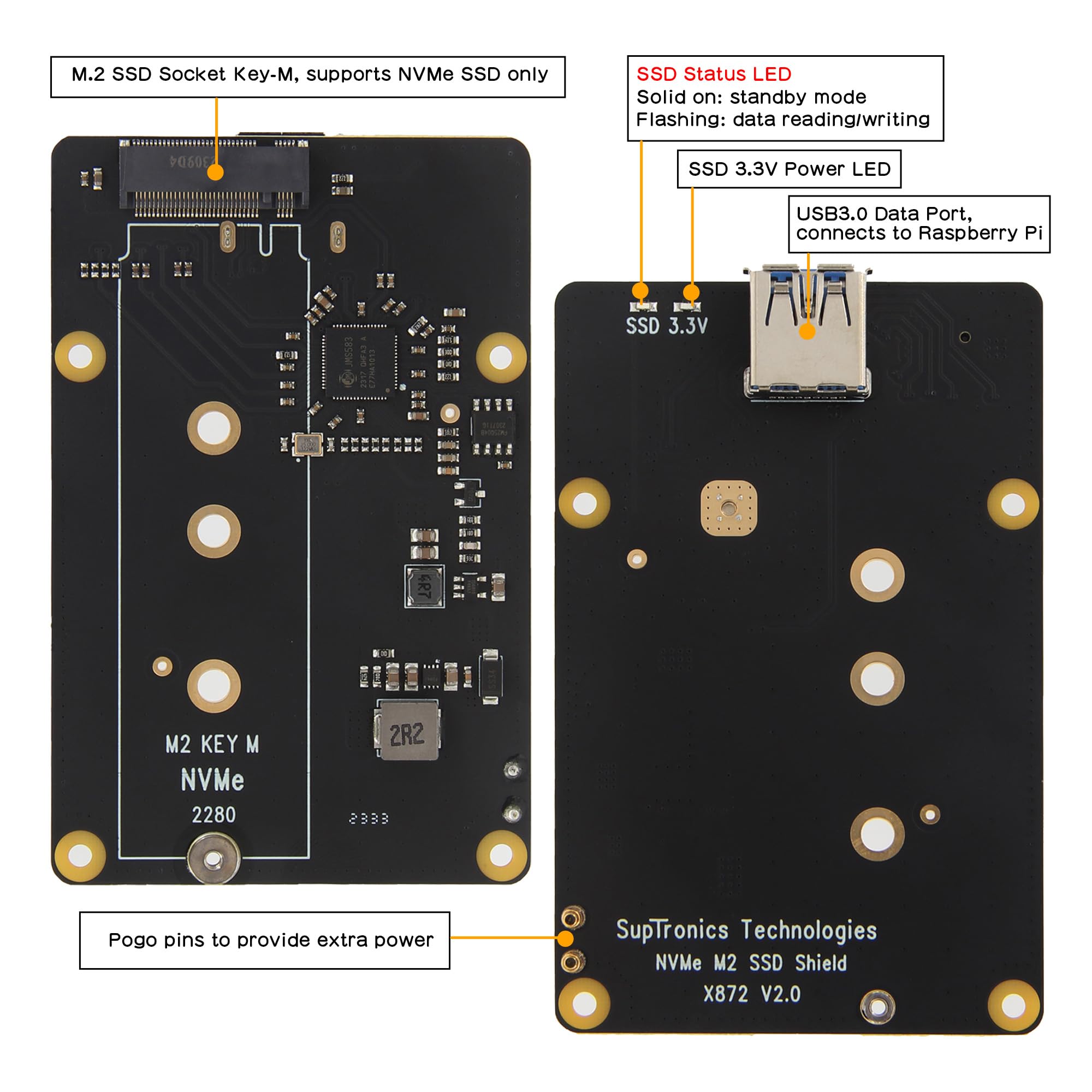 Geekworm X872 V2.0 USB 3.0 to M.2 NVMe SSD HAT Shield for Raspberry Pi 4