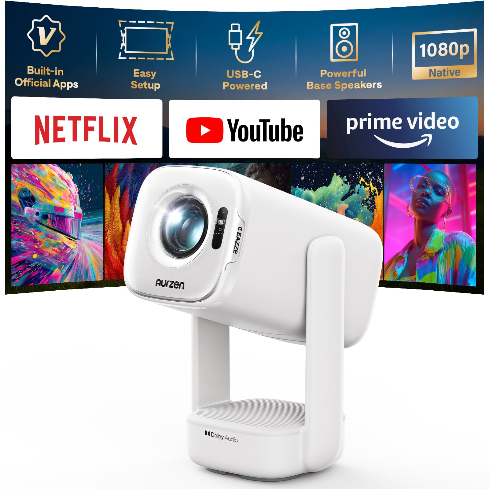 Aurzen D1 air Smart Beamer mit Netflix, 16W Dolby Audio, Beamer Outdoor 1080P mit HDR10 & 4K-Unterstützung, 180° Drehbar Mini Tragbarer Projektor mit USB-C PD, TOF-Autofokus, Trapezkorrektur, Weiß
