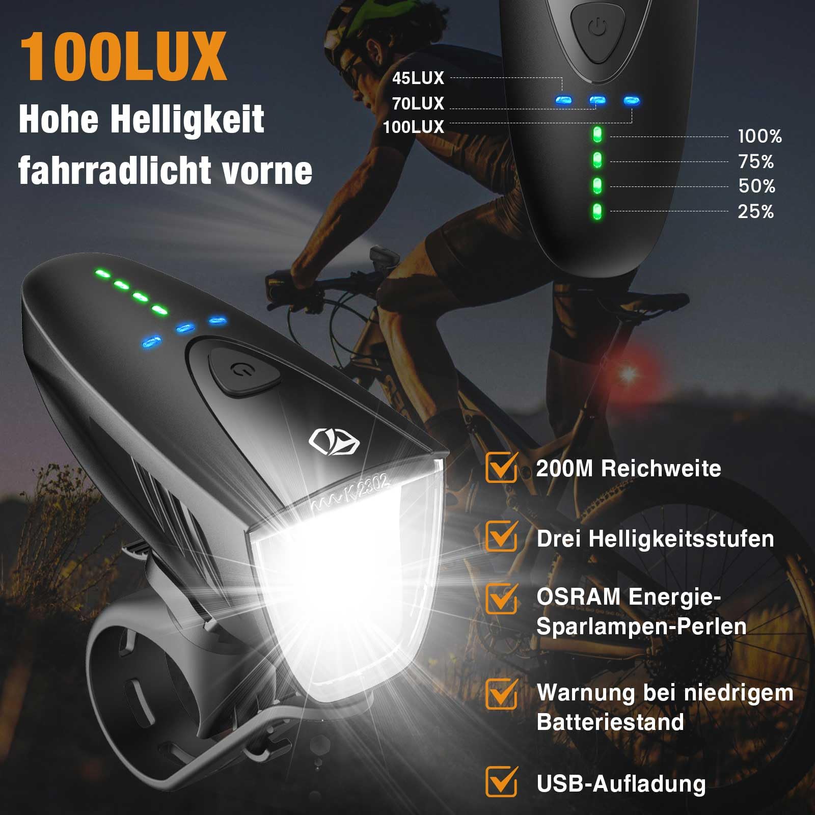 toptrek Zestaw świateł rowerowych 100 luksów, zestaw oświetlenia rowerowego, ładowany przez USB, lampa rowerowa, dopuszczona do ruchu drogowego (obowiązują przepisy lokalne), zestaw świateł rowerowych