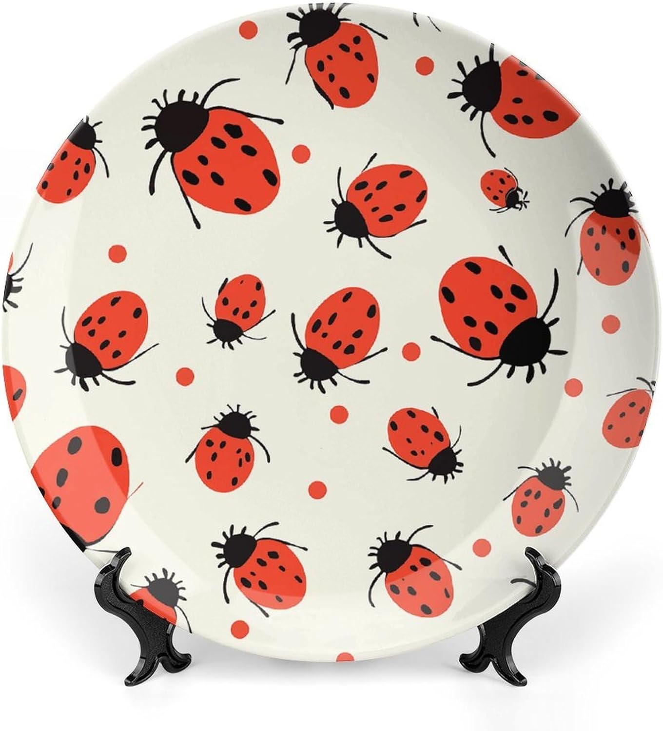 Ladybugs Pattern Infinite Speckled Bone China Decorative Plate with Display Stand, Ceramic Ornaments Plate for Wall Hanging, Personalized Porcelain Plates for Office, Living Room 8inch