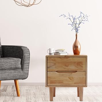 Mid Century Modern Handle Wood Nightstands Side Table Bedroom Storage Drawer Bedside End Table Bedroom Nightstand with 2 Drawers, End Side Table for Living Room Bedroom Small Space (Raw Wood Color)