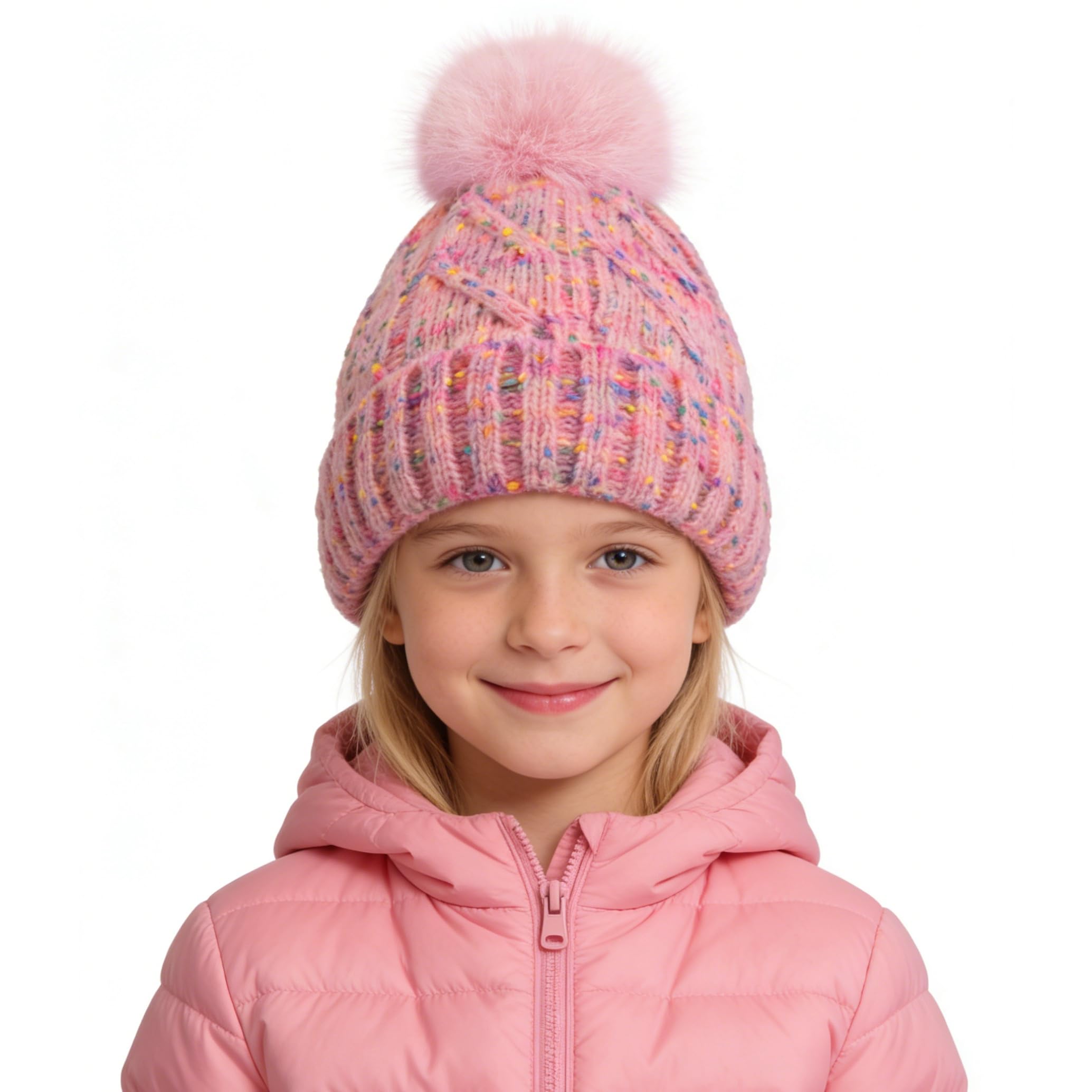 Kids Winter Beanie Hat - Fleece Lined Layer Chunky Knit Pom-Pom Stocking Cap for 3-12 Years Boys Girls Cold Weather