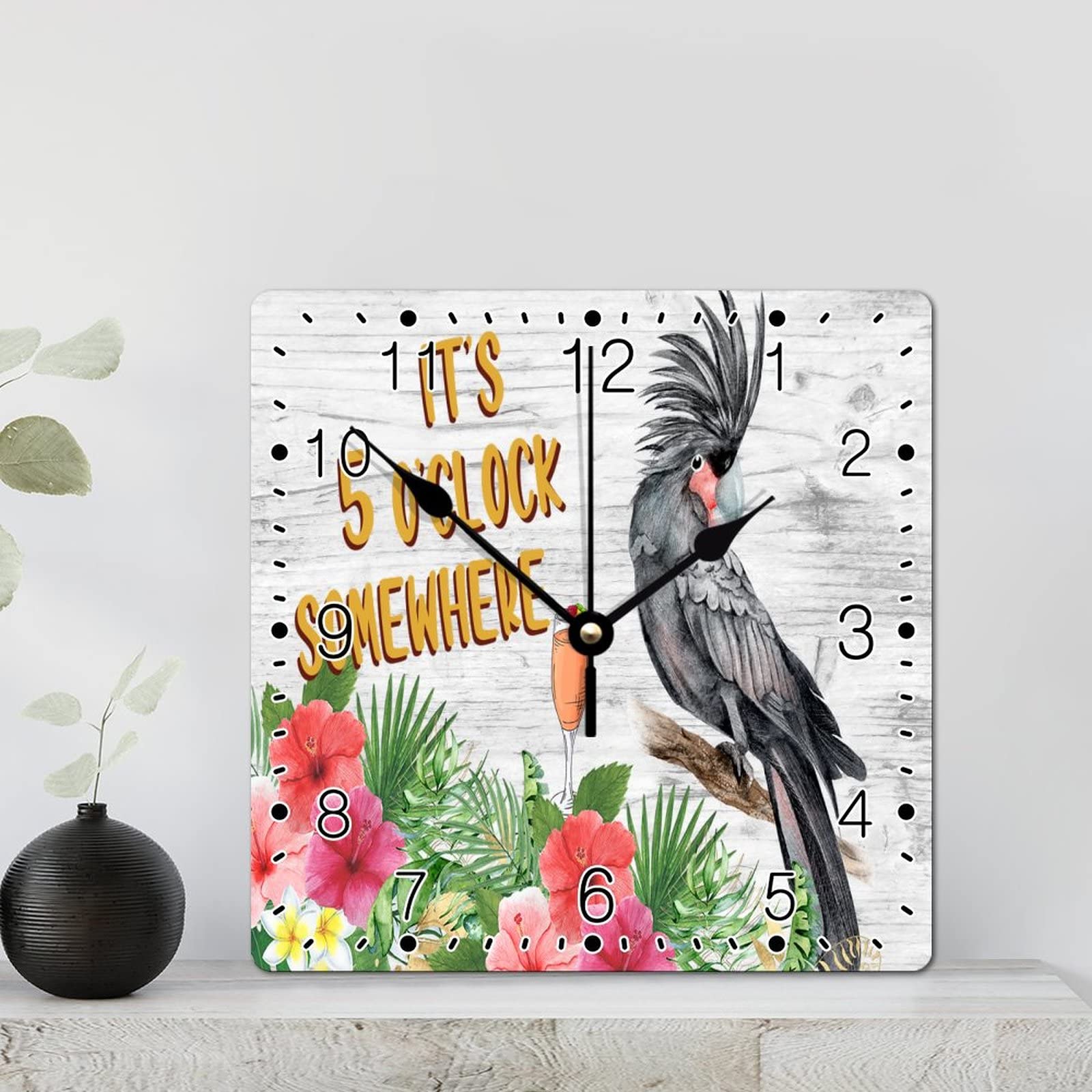 Horloge murale perroquet tropical grand format lisible carrée autonome pour salon