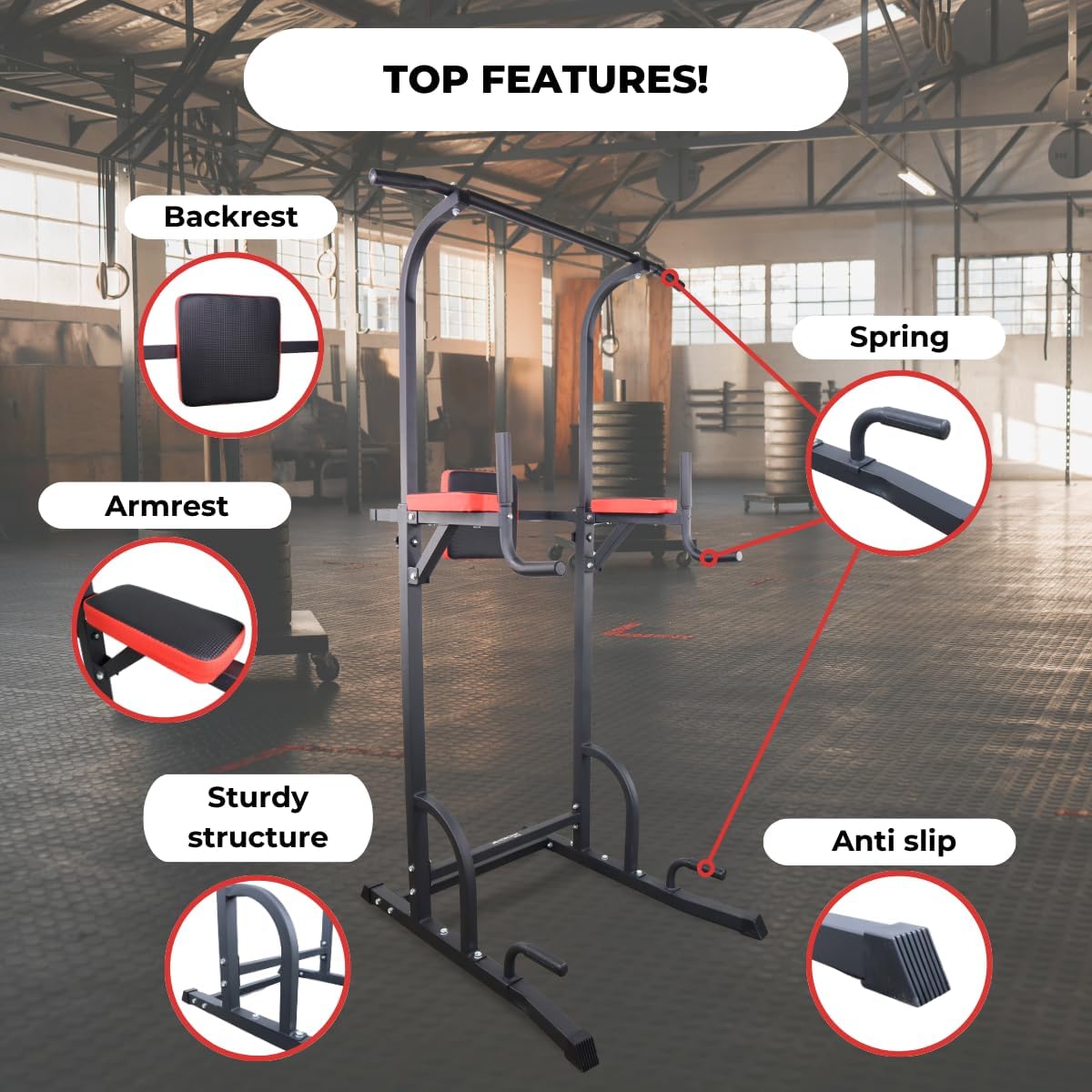 Diagram highlighting key features of the Mobiclinic MultiFit Power Tower: Backrest, Armrest, Sturdy structure, Spring, and Anti-slip