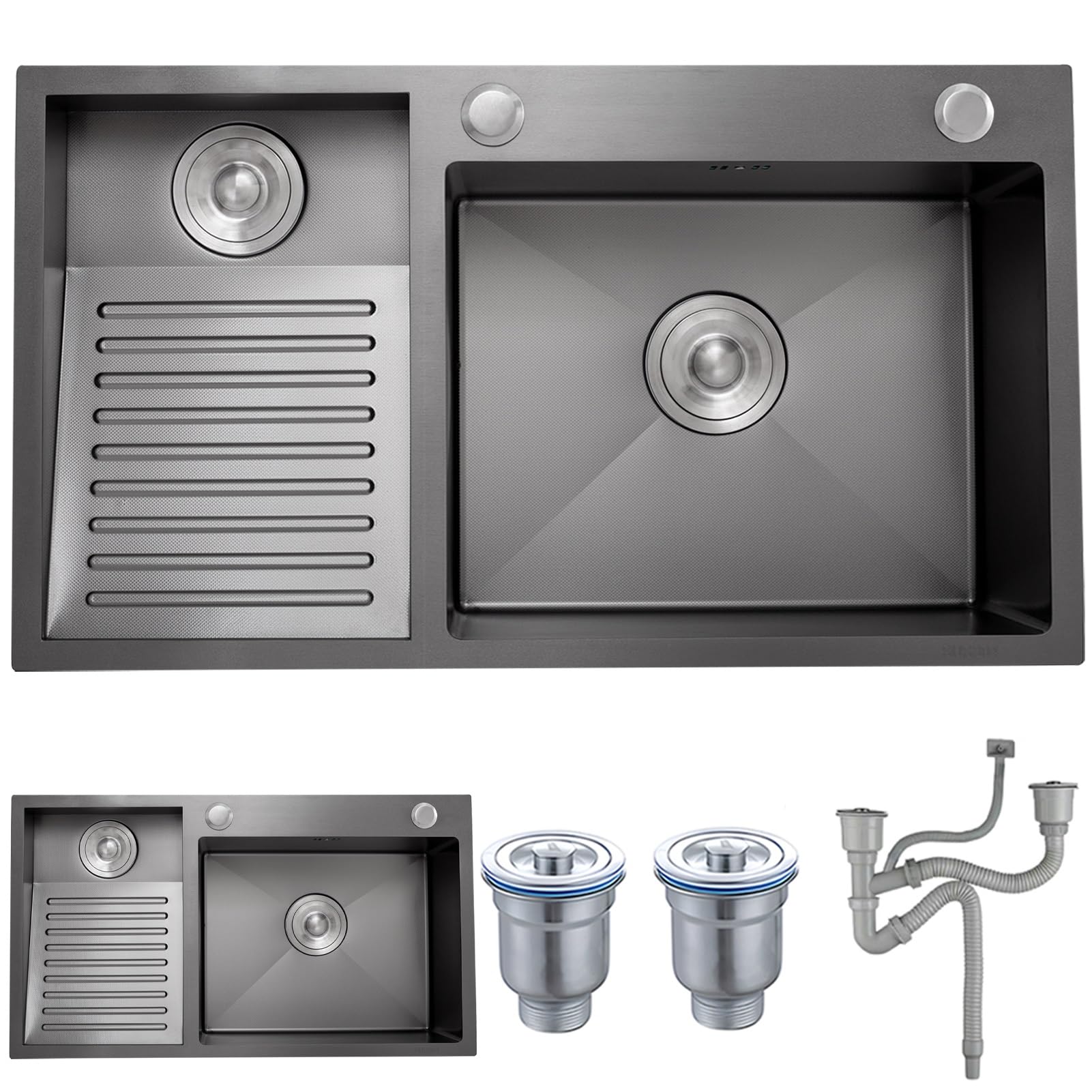 WIQUYBML Stainless Steel Laundry Sink With Integrated Washboard, Heavy-Duty Handwashing Tub Drain Kits, Durable Utility Washing Basin For Basement, Room, Garage, Outdoor Use(Black Left,80x48x22cm)