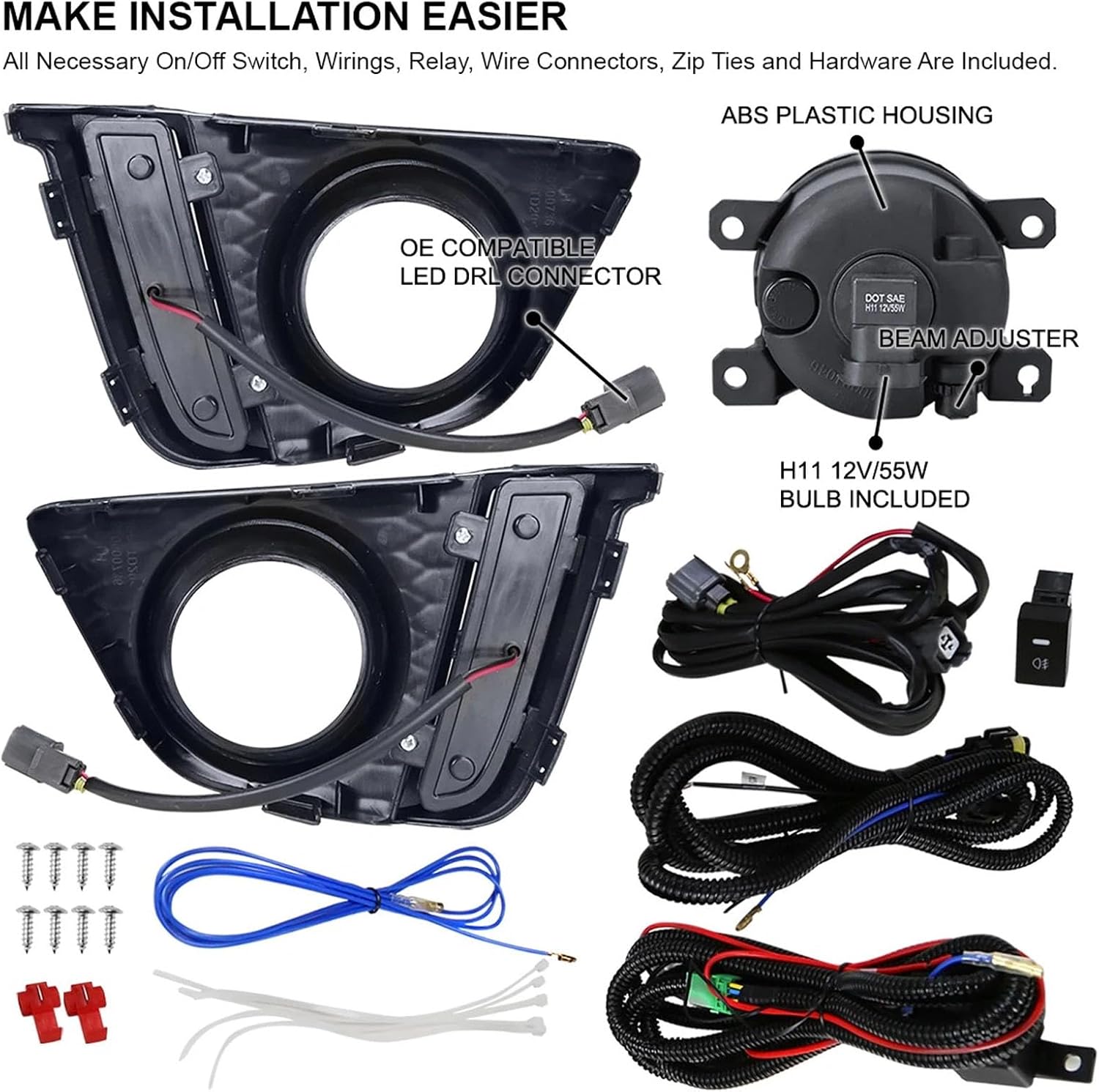 LED Fog Lights Assembly For Honda Fit Jazz GK5 2015 2016 2017|Driving Fog Lights Lamps Clear Lens | With H8 12V 35W Halogen Bulbs & Wiring Harness Kit | 19604400, 19604300