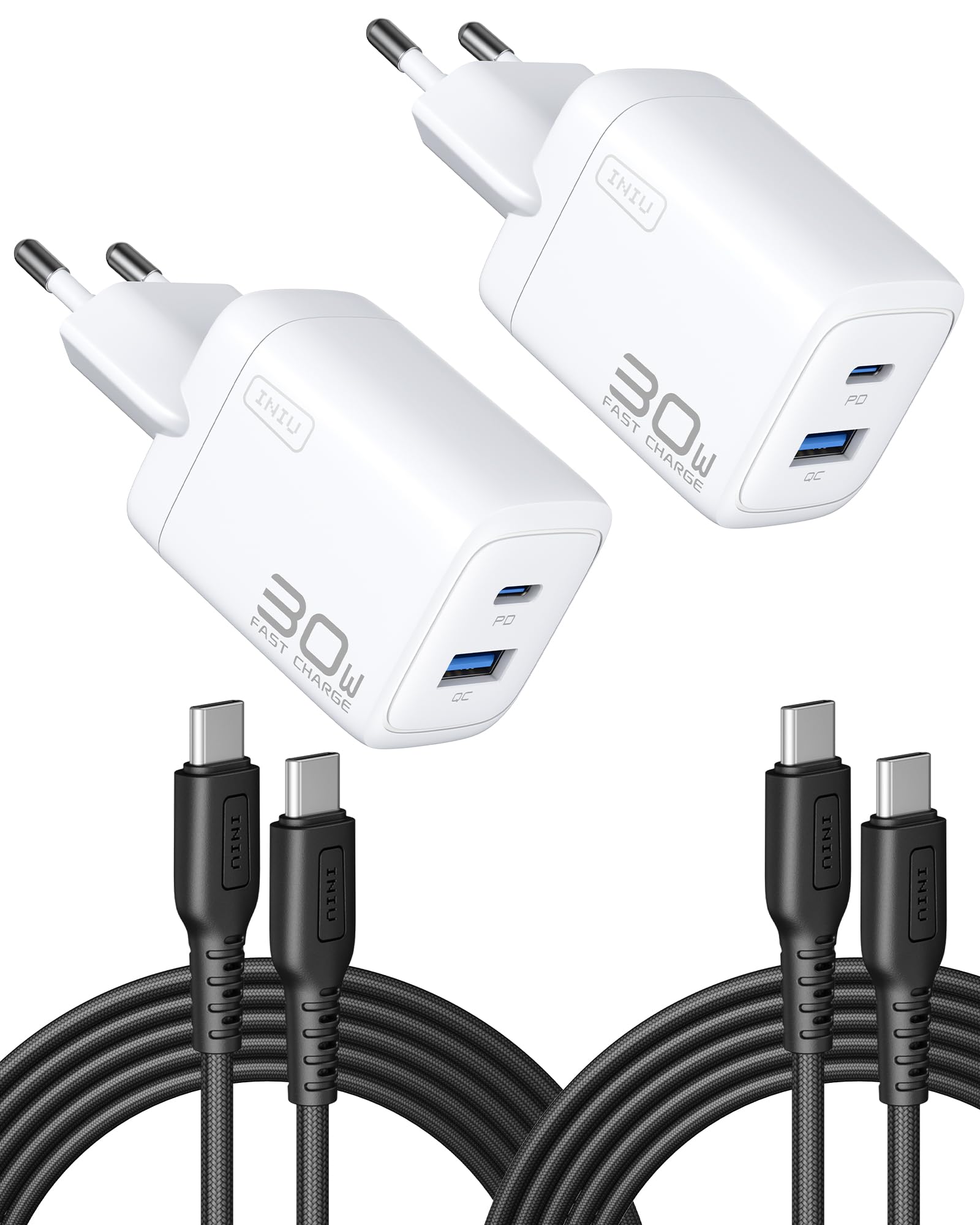 INIU Caricatore USB C da 30 W, 2-Pack con Cavo, USB-C + USB-A, PD 3.0, Compatibile con iPhone 16 15 Pro Max, iPad Pro, Samsung S24 Ultra, Telefono Cellulare