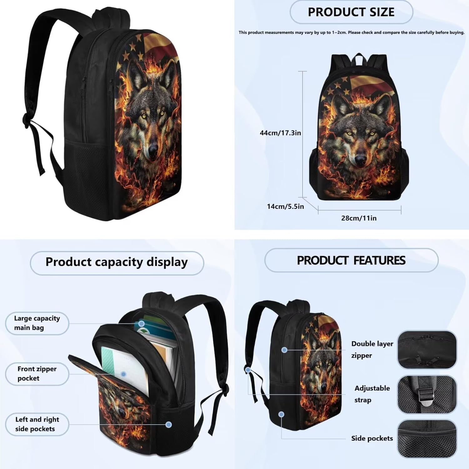 American Flag Wolf Backpack for Boys Kids Backpack with Lunch Box Water Bottle Pouch and Soft Pencil Case 4PCS Set Bookbag with Compartments for School Teens 17 inch Large Capacity School Bag