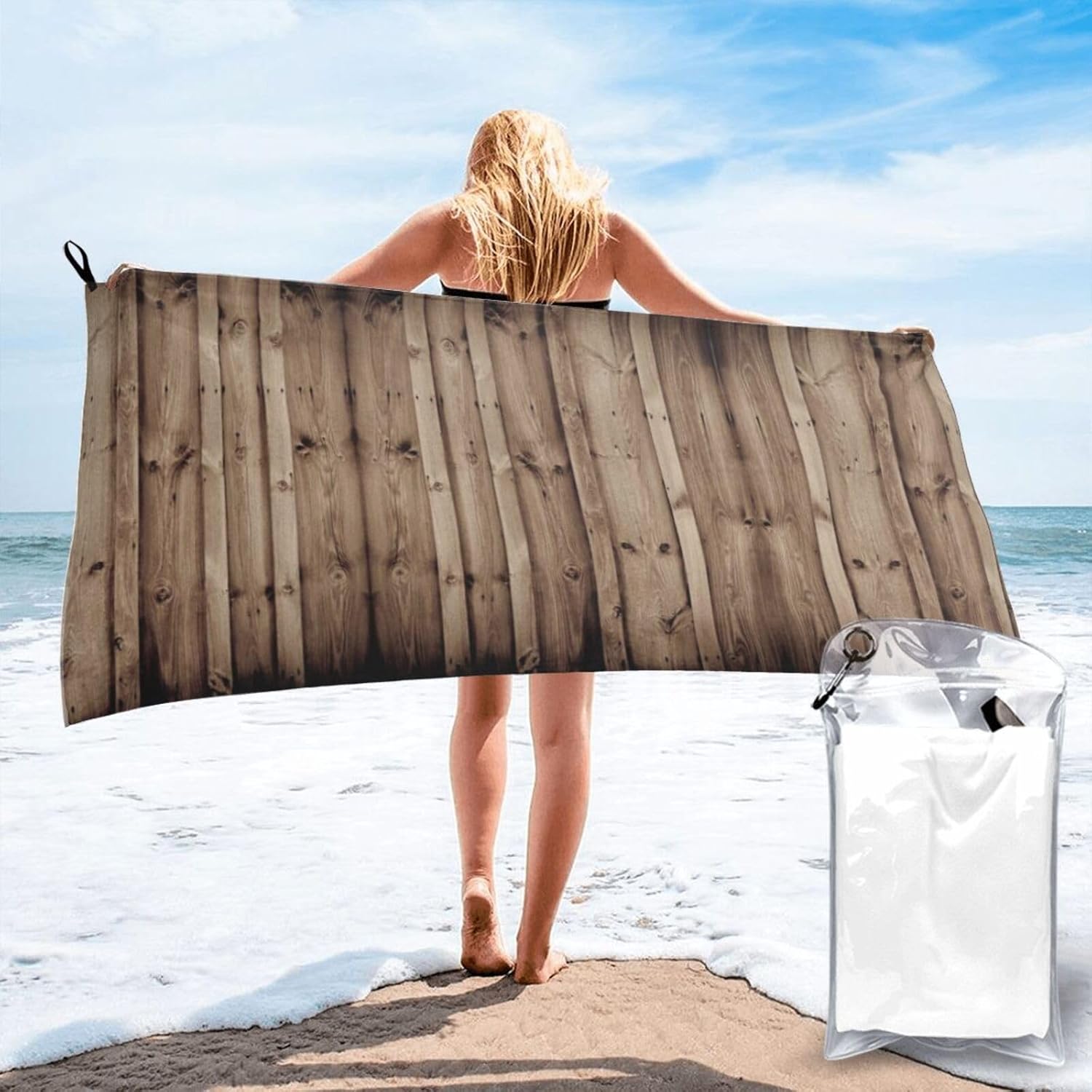 Wood Grain Print Quick Dry Towel with Hanging Loop and Storage Bag for Travel, Gym, Camping