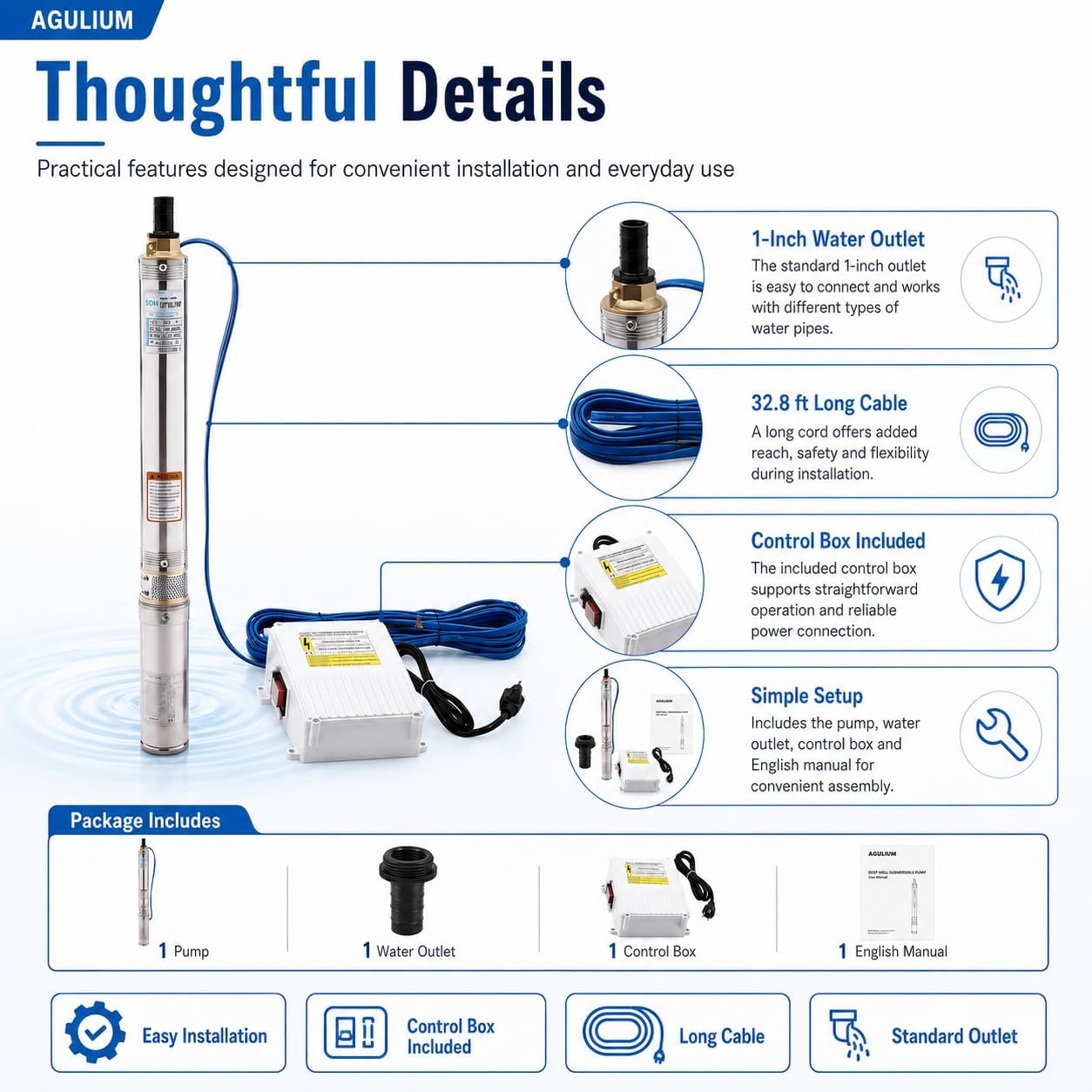 Deep Well Submersible Pump, 0.5HP 110V, 12GPM, 1'' Outlet, 134.5ft Max. Lift, 33ft Cable, Stainless Steel Submersible Well Pump for Deep Wells, Irrigation and Drainage