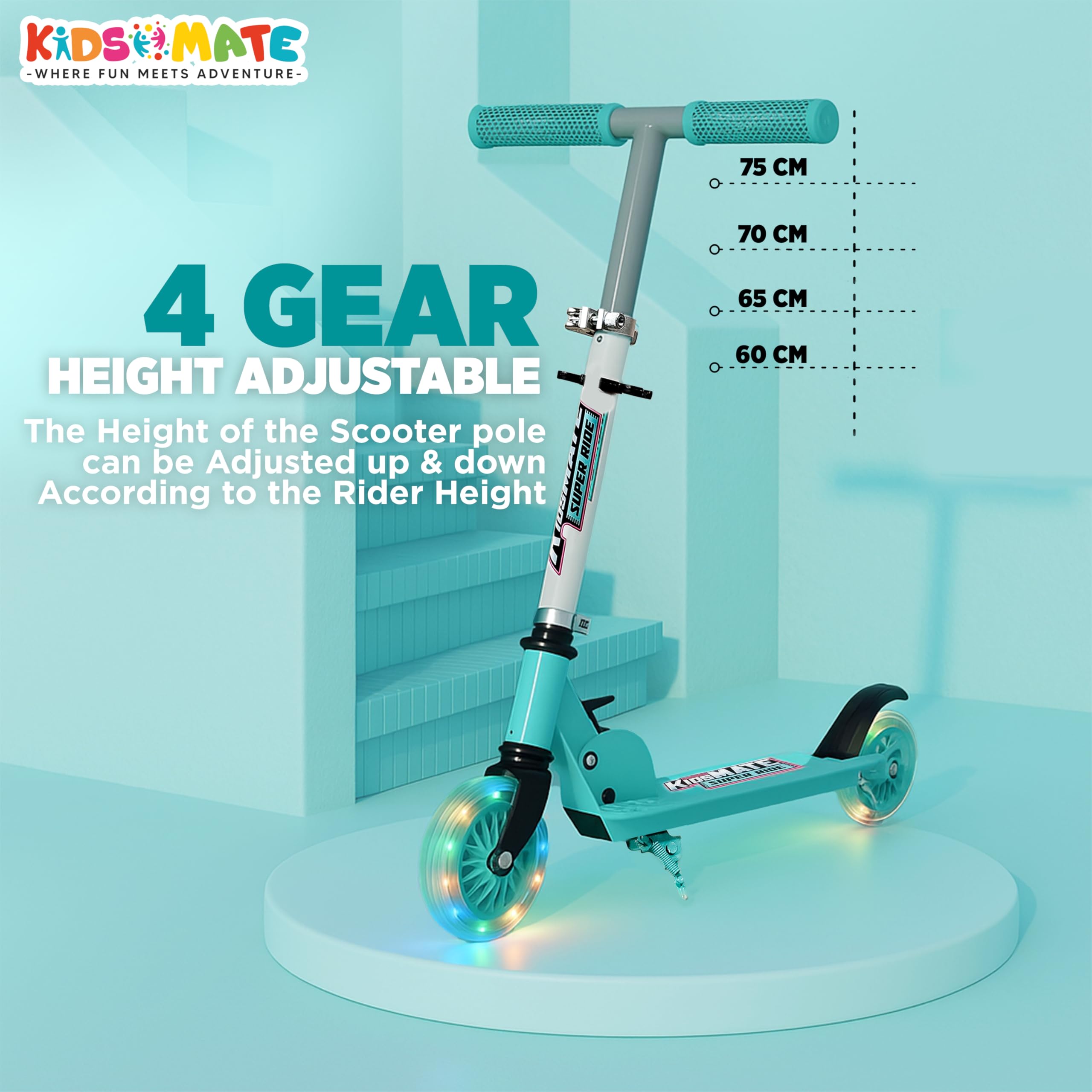 Kidsmate Super Metal Kick Scooter with LED Flashing Wheels | Fun Ride with 4 Level Height Adjustable & Anti-Slip Deck | Easy to Fold & Lightweight Kids Scooter for Boys & Girls 3+ Yrs - Sea Green 1