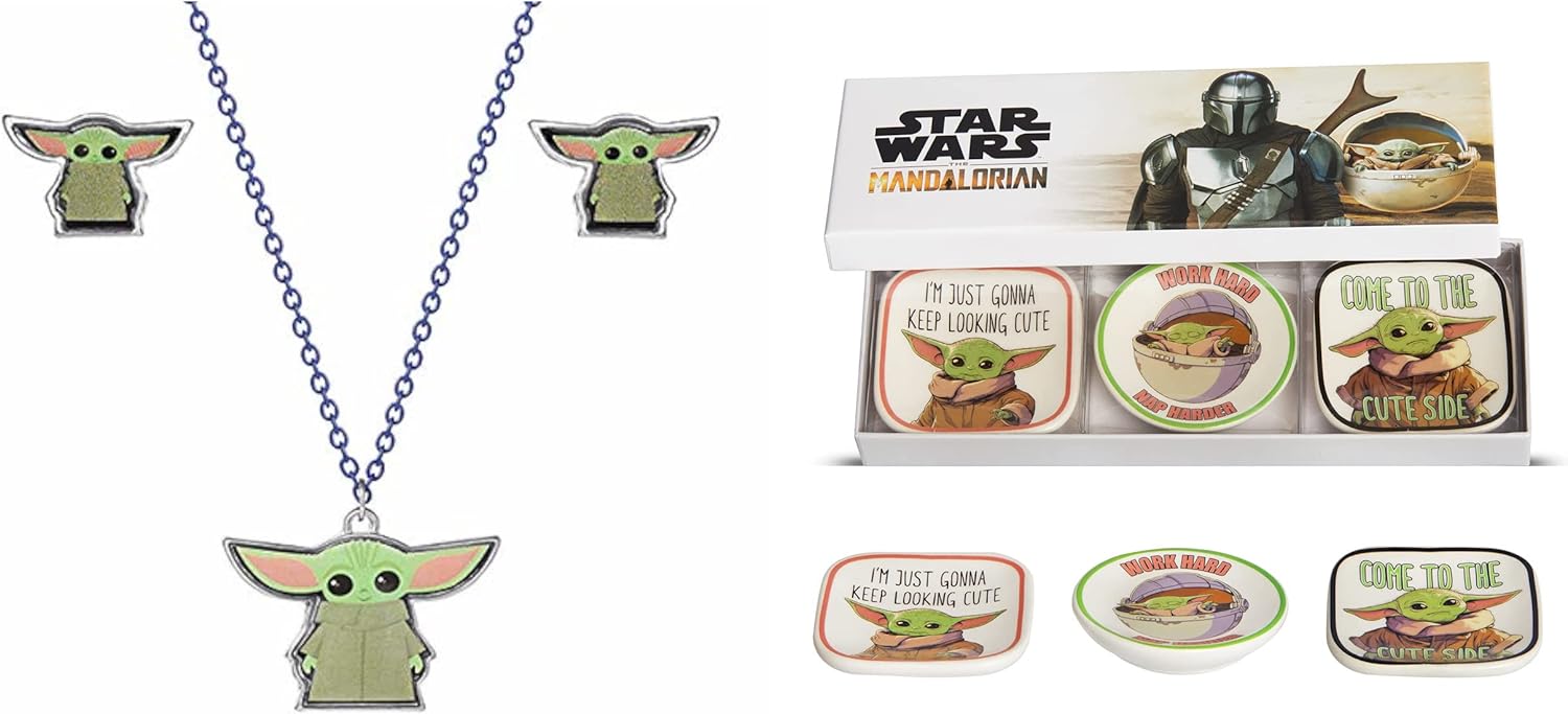 Disney Star Wars The Mandalorian Grogu Stud Earrings, Necklace and 3-Piece Trinket Dish Set Mini Ceramic Jewelry Tray Bundle