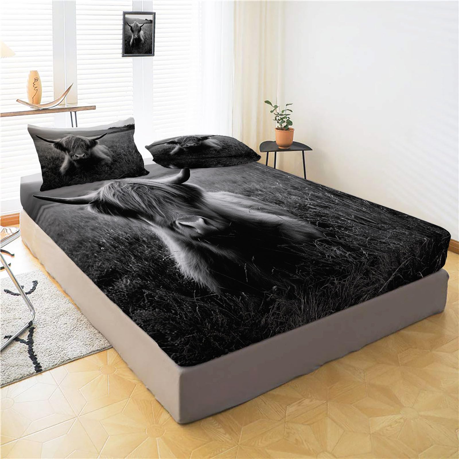 Sábanas 200X190/200Cm - Juego De Sábanas 3 Piezas Estampadas Ganado Tierras Altas Vintage - Microfibra Suave Transpirable - Sábana Bajera Ajustable - Ropa De Cama Animales Pastizales (Blanco Negro)