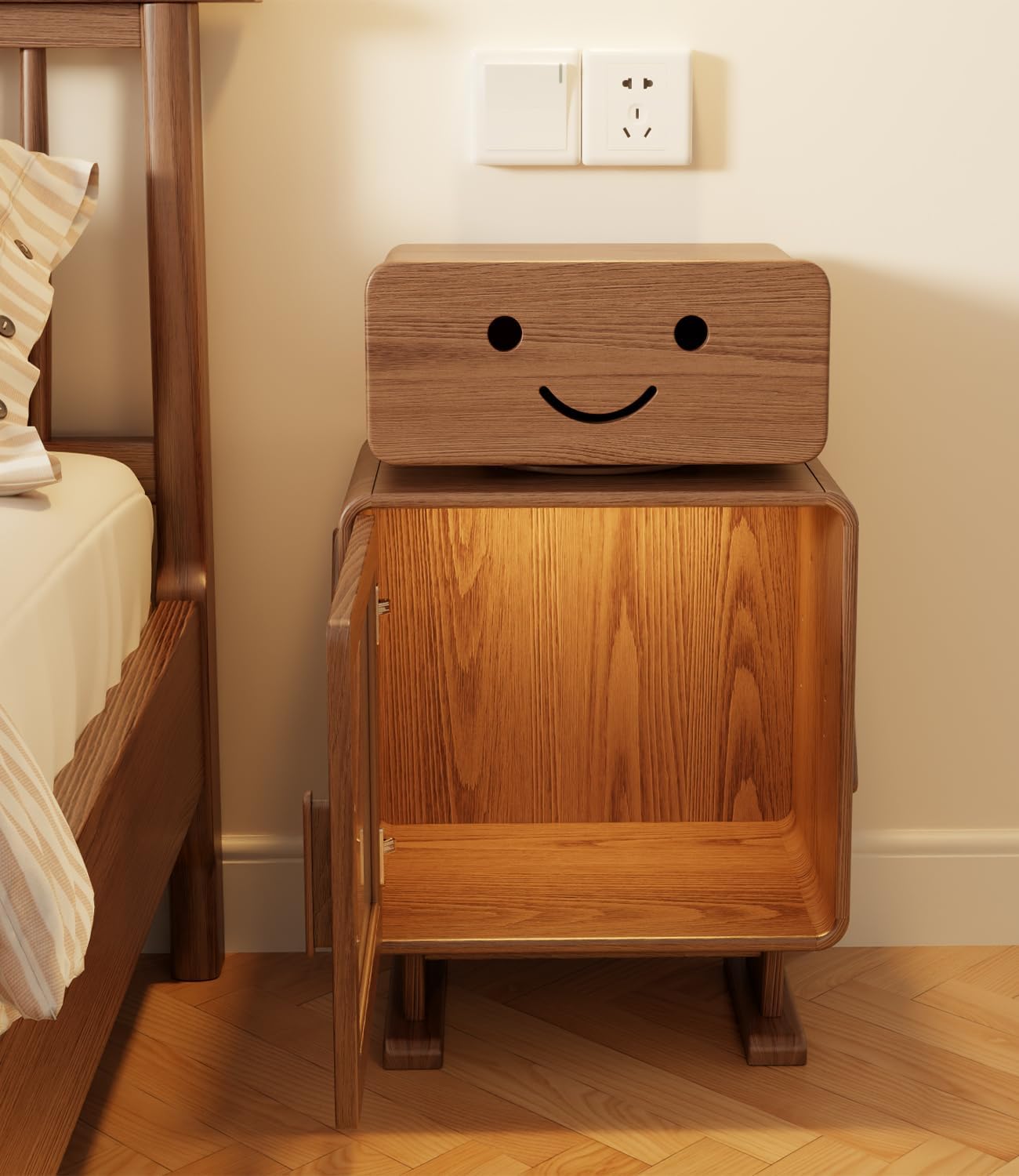 Solid Wood Night Stand with Sensor Light, Wooden End Table 360° Swivel, Natural Wood Bedside Cabinet Adjustable Inner Dividers, Wooden Headboard Sideboard Also As Bread Boxes Walnut Color