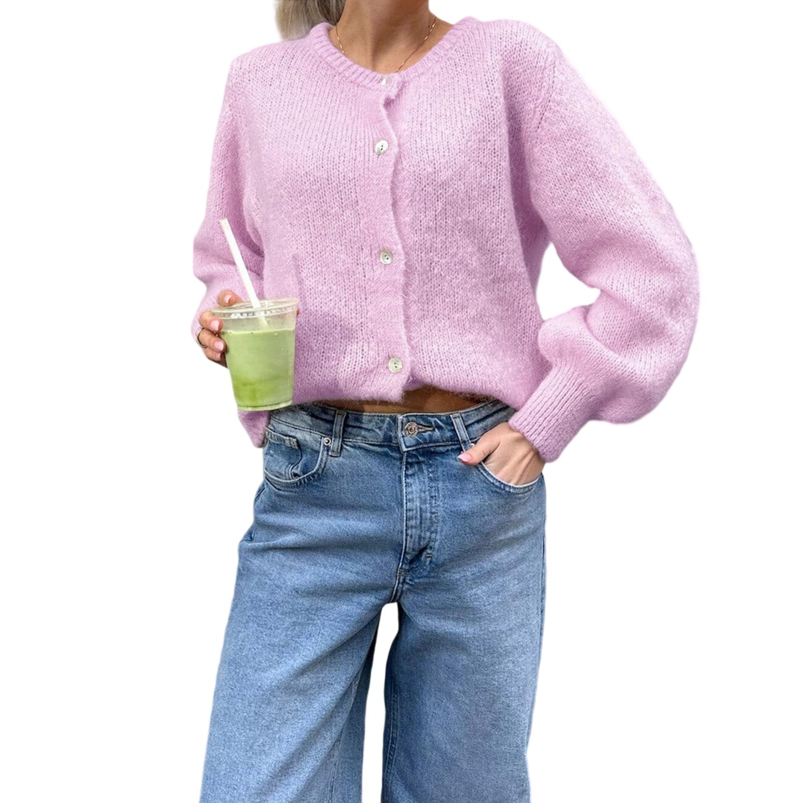 Women Button Up Cardigan Sweater Y2k Fuzzy Contrast Trim Crew Neck Long Sleeve Cable Cardigan Coat Going Out Fall Warm Knitwear (F-09, M)