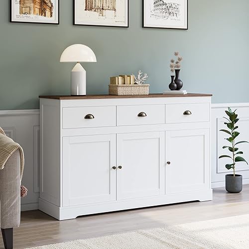 Miniatura 6 de Armario de cocina blanco para almacenamiento de buffet armario de cocina con 3 cajones y 3 puertas estantes ajustables mesa de consola para comedor