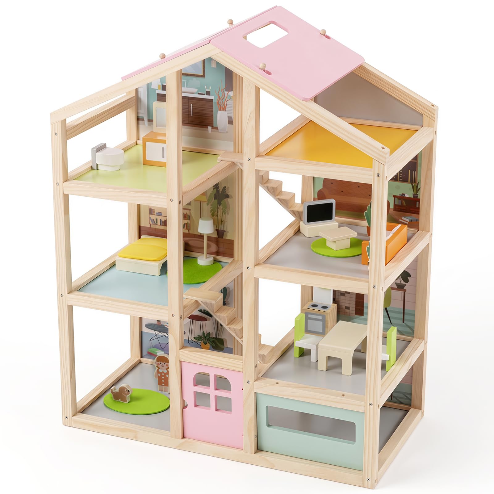 Maxmass Wooden Kids Dollhouse, Children Doll House (Pink)