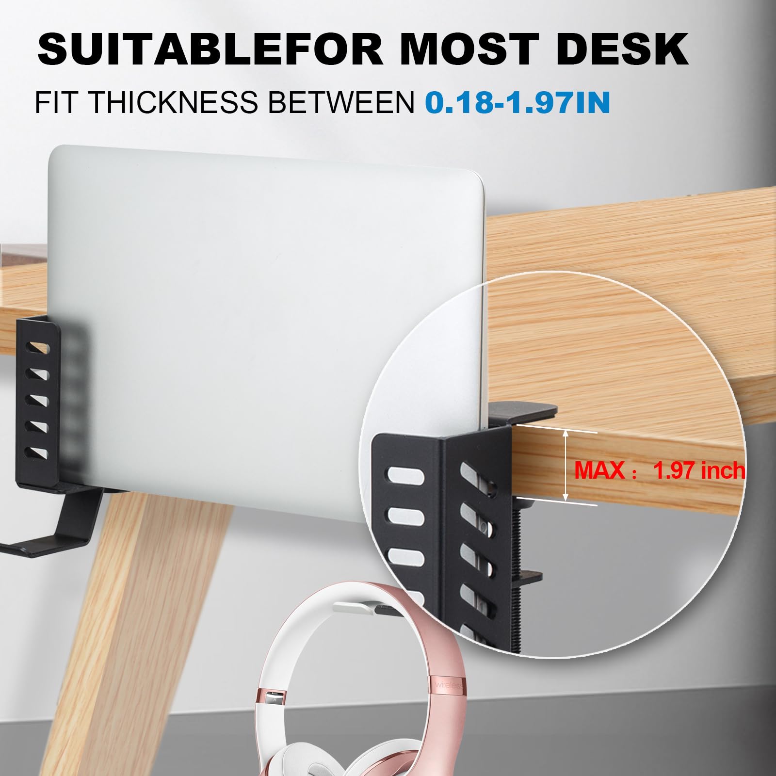 FEIKU Supporto da scrivania per computer portatile, senza trapano, da appendere per ufficio e casa, organizer laterale con morsetto per laptop/MacBook/Book/tastiere/cuffie/gamepad/zaino, nero
