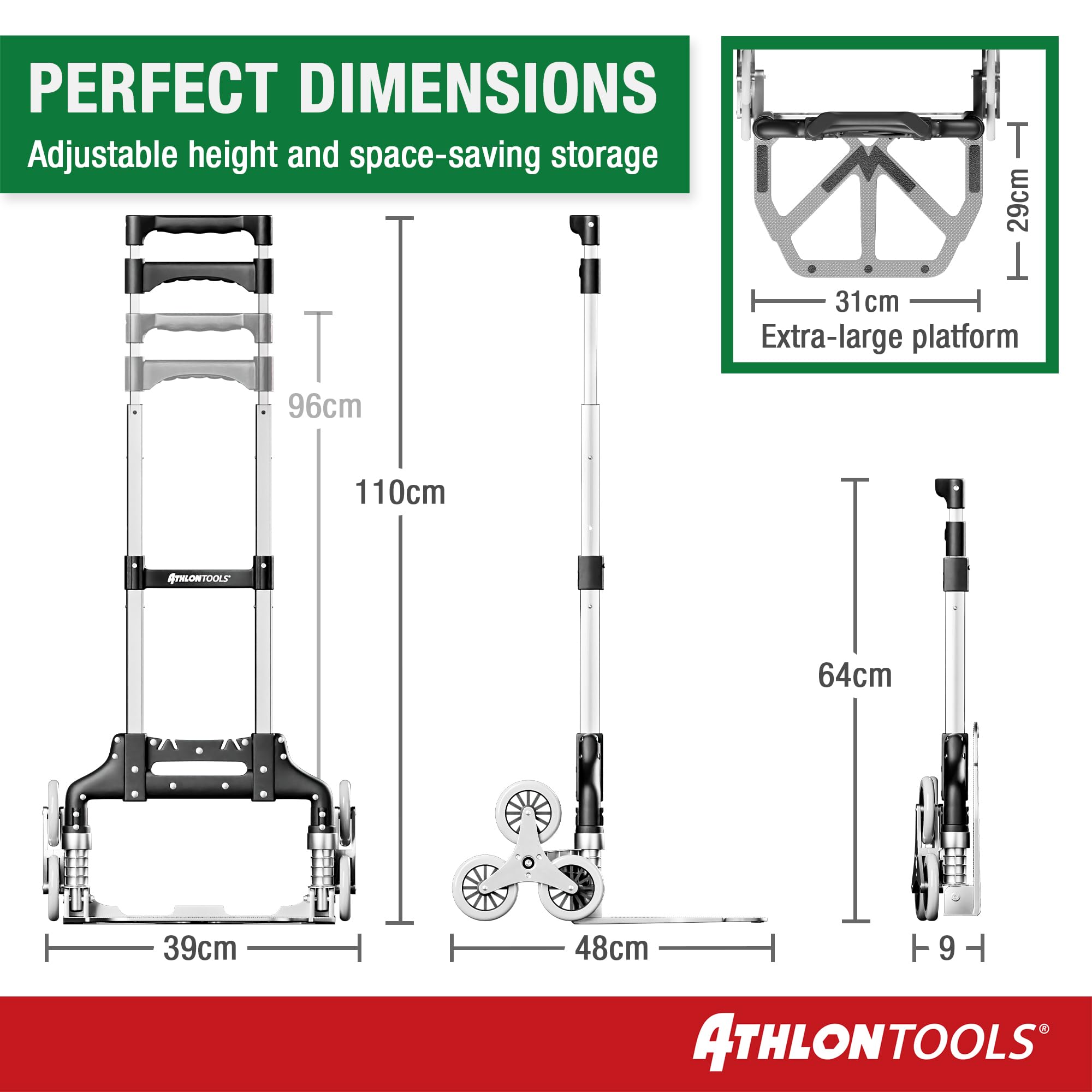 ATHLON TOOLS Aluminiowy wózek transportowy, składany, bardzo długi uchwyt 110 cm, TÜV GS-getest powierzchnia ładunkowa z antypoślizgowymi podkładkami, model 2025