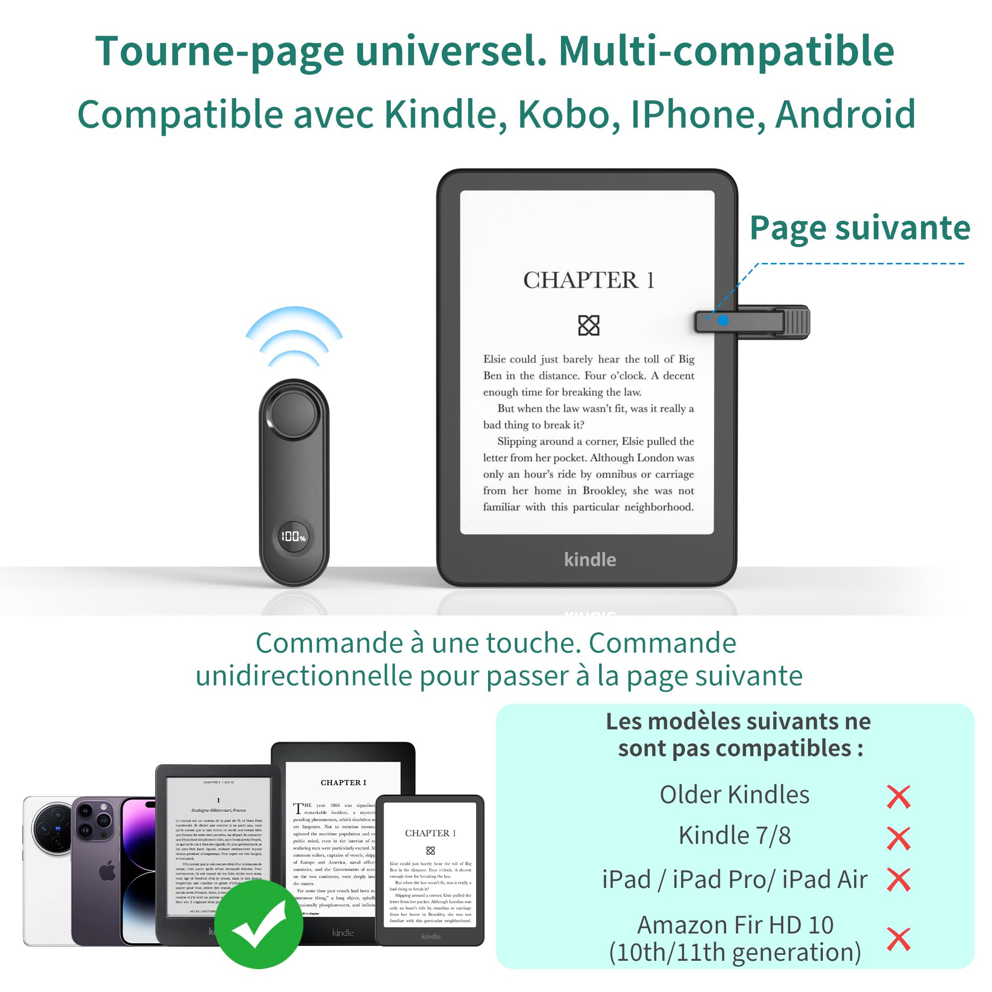 PlusAcc Télécommande Tourner pour Kindle – Support à col de Cygne pour Lire des Livres électroniques, Accessoire pour Tourner Les Pages au lit, adapté au Kindle Paperwhite/Oasis/Kobo