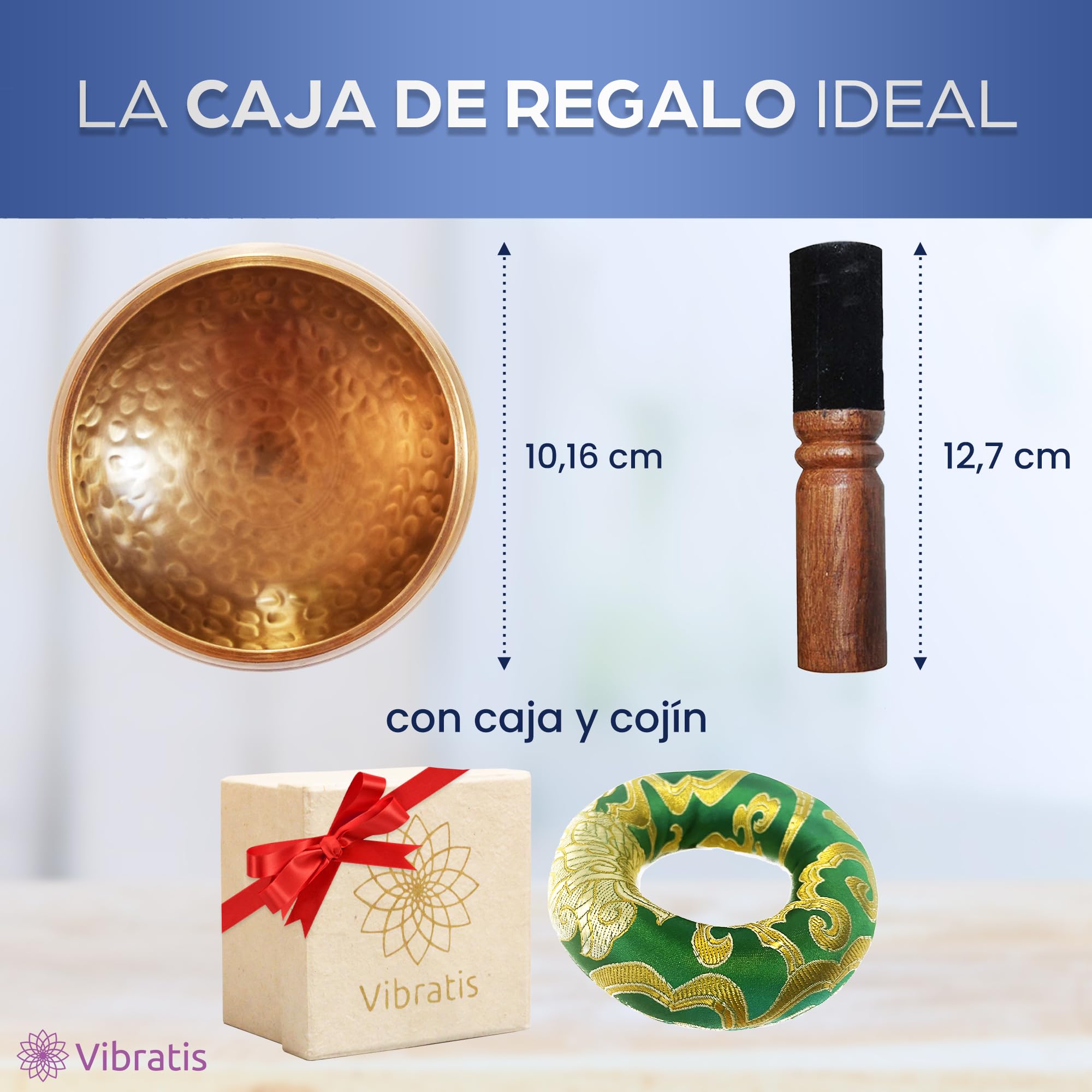 Cuenco Tibetano Artesanal + E-Book - Hecho a Mano en Nepal - Cojín, Mazo de Madera, Caja Lokta - Meditación - Relajación - Curación - Satisfacción o Reembolso Oro