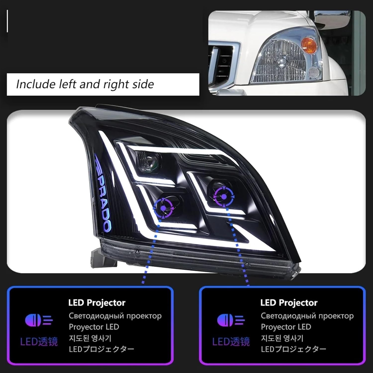 Automobile Styling Head Lamp Compatible For Prado LED Headlight Projector 3 Lens 03-09 Front Drl Signal Automotive Accessories