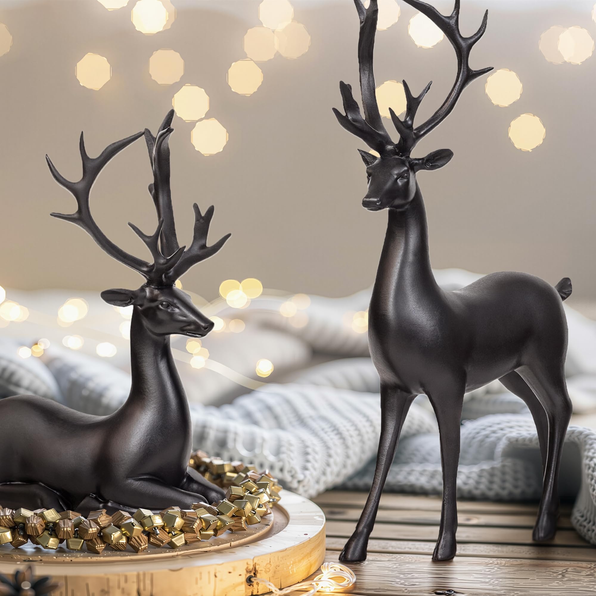 Lot de 2 figurines de renne - Statues décoratives - Grande figurine décorative - 20/30 cm - Décoration de Noël - Cerf - Décoration de Noël - Cerf en résine (noir)