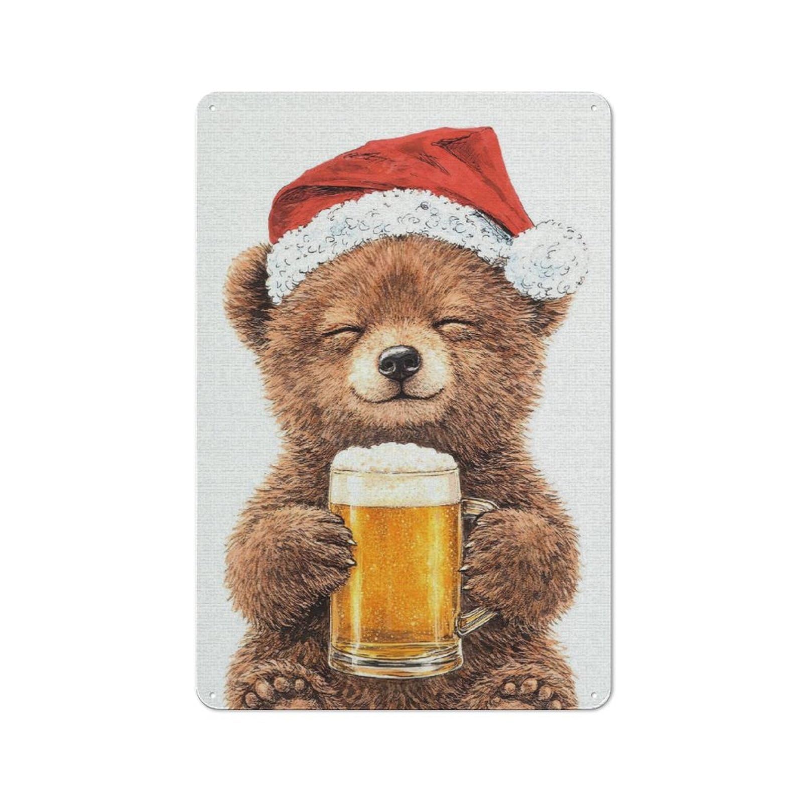 Cute Bear in Santa Hat with Beer Tin Wall Plaque 30x20cm, Barn Style Rustic Kitchen Decor for Farmhouse Kitchen, Pantry Or Dining Area