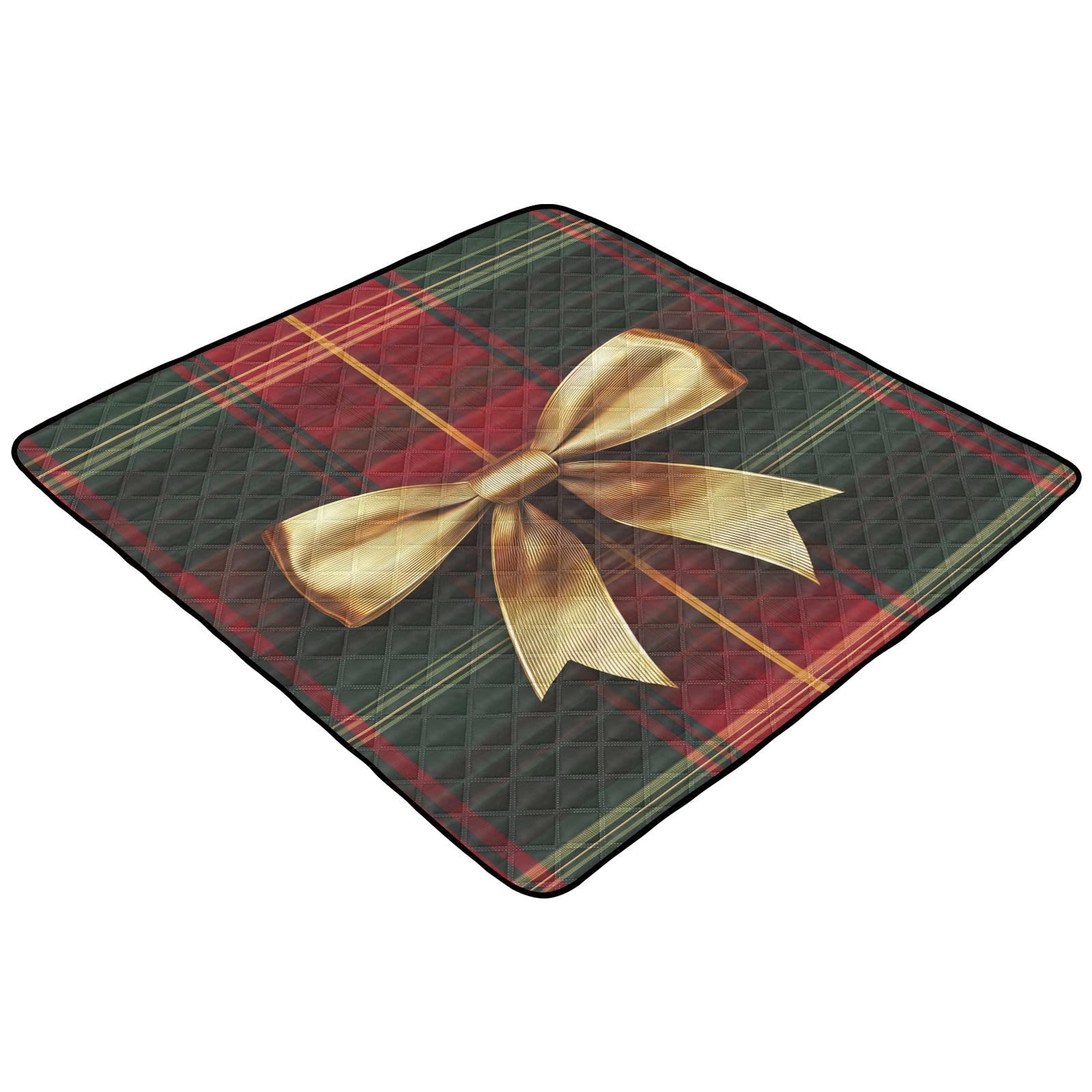 BOESI Bow Pattern on Plaid Background Baby Play Mat, 50“ X 50” Washable Folding Crawling Mat, Baby Floor Mat, Soft, Thick, Non-Slip