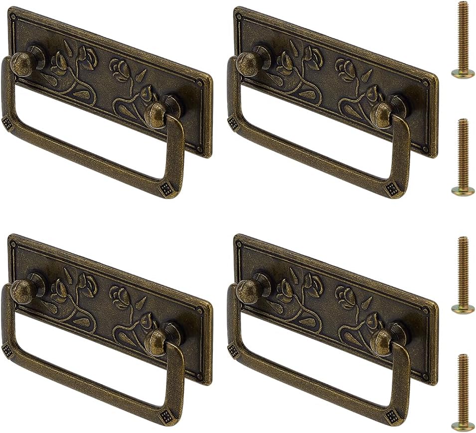 PH PandaHall 4 Pack Antique Drawer Pulls Handles Rectangle Bail Drawer Pulls 3.8inch Flower Pattern Cabinet Handle Bronze Drop Swing Handles with Screws for Vanity Nightstand Wardrobe Cupboard Knob