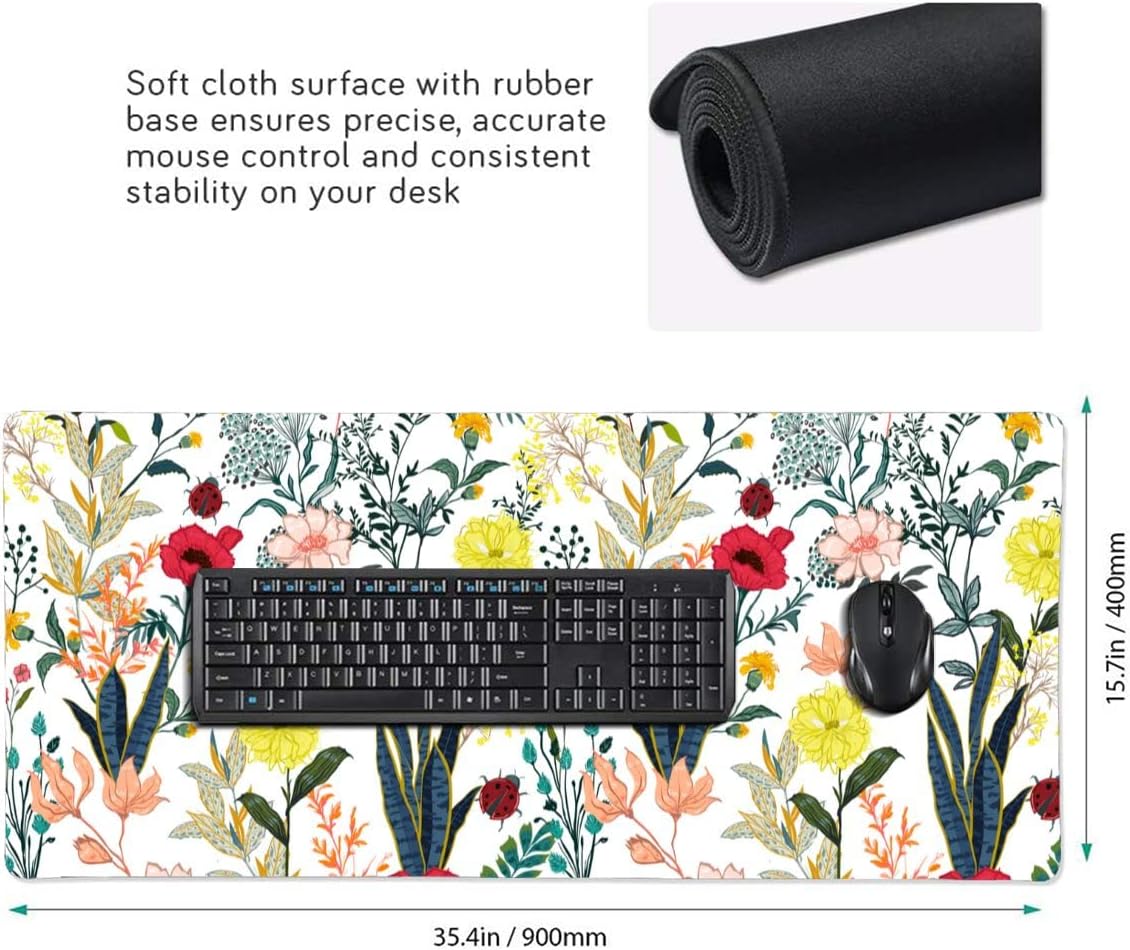 Flower Gaming Mouse Pad Abstract Classical Desk Mat 35.4x15.7 Inch Floral Texture Non-Slip Rubber Base Weeds Mousepad Stitched Edges Keyboard Mouse Mat Desk Pad for Office Home Game