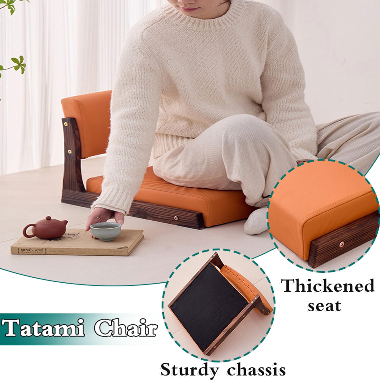 Silla de asiento de estilo japonés, silla tatami de madera sin patas con respaldo, silla japonesa sin patas, silla de respaldo perezoso con ventana de bahía para el hogar, resiste la deformación, para