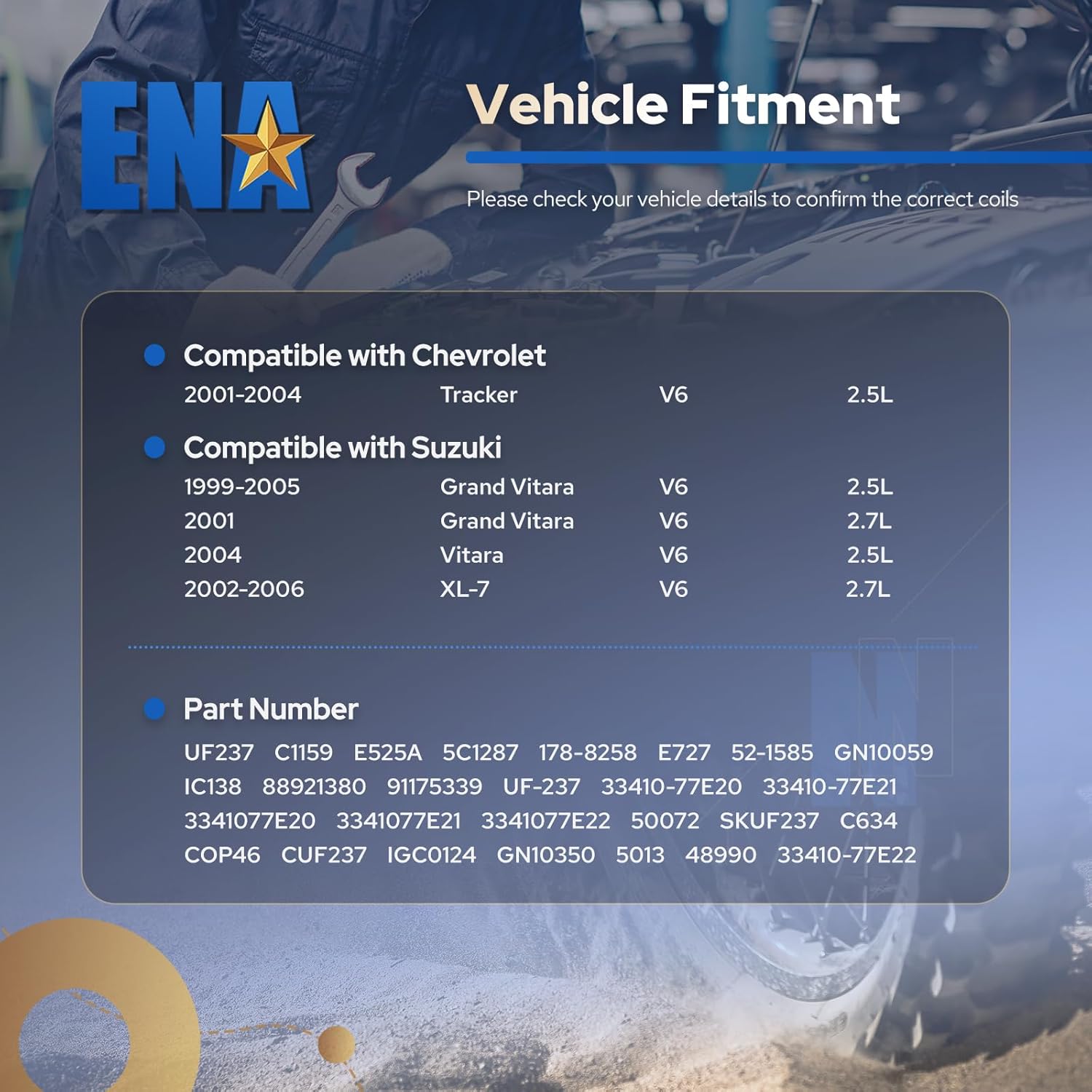ENA UF237 Ignition Coil Pack Compatible with Chevy Chevrolet Tracker Suzuki Aerio Vitara Esteem Sidekick XL7 1999 2000 2001 2002 2003 1.6L 1.8L 2.0L 2.3L L4 V6 Coils Set of 6 Replacement for UF547
