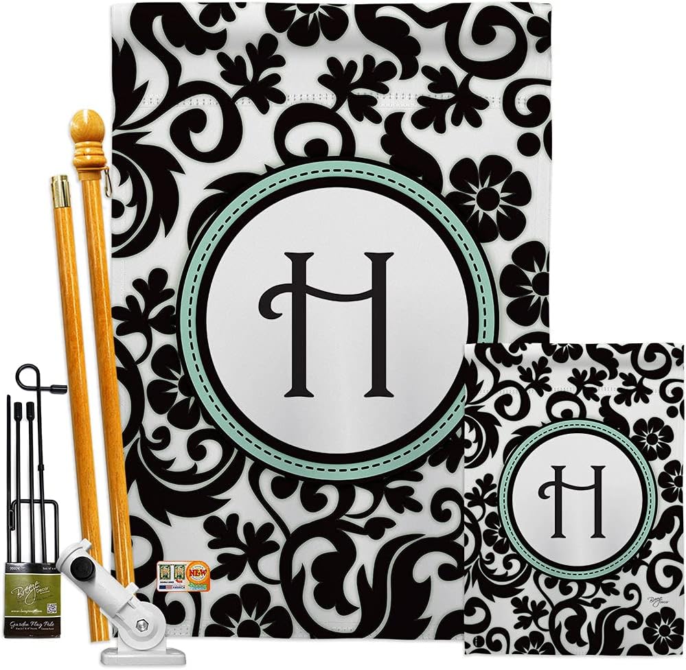 Breeze Decor Damask H Initial Garden House Flag - Kit Monogram Country Living Simply Beauty Floral Vintage Letter Everday Classic - Decoration Banner Small Yard Gift Double-Sided Made in USA 28 X 40