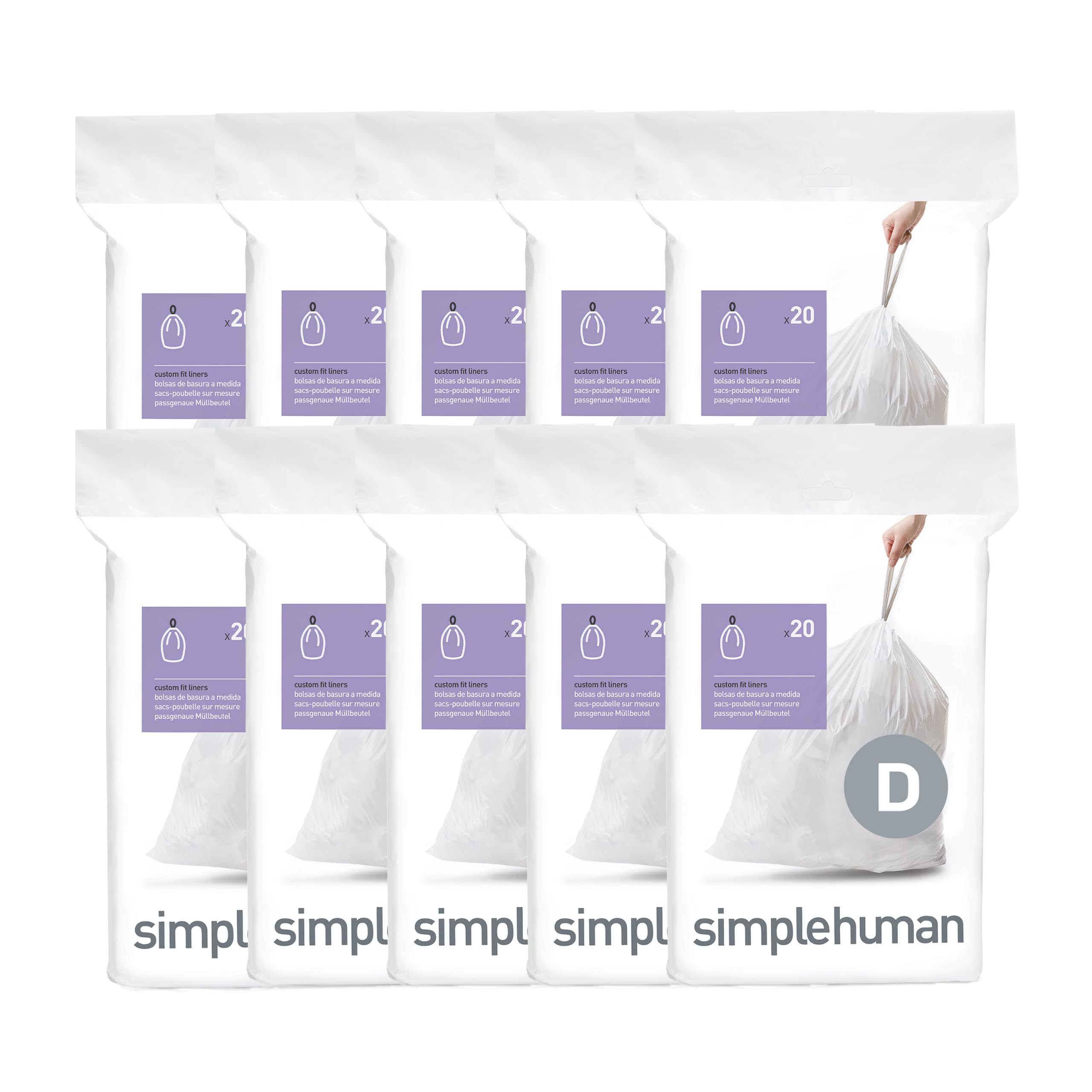 SIMPLEHUMAN CW0254 3 x paquete de 20 bolsas de basura a medida (60 bolsas), código D, plástico blanco — view 17