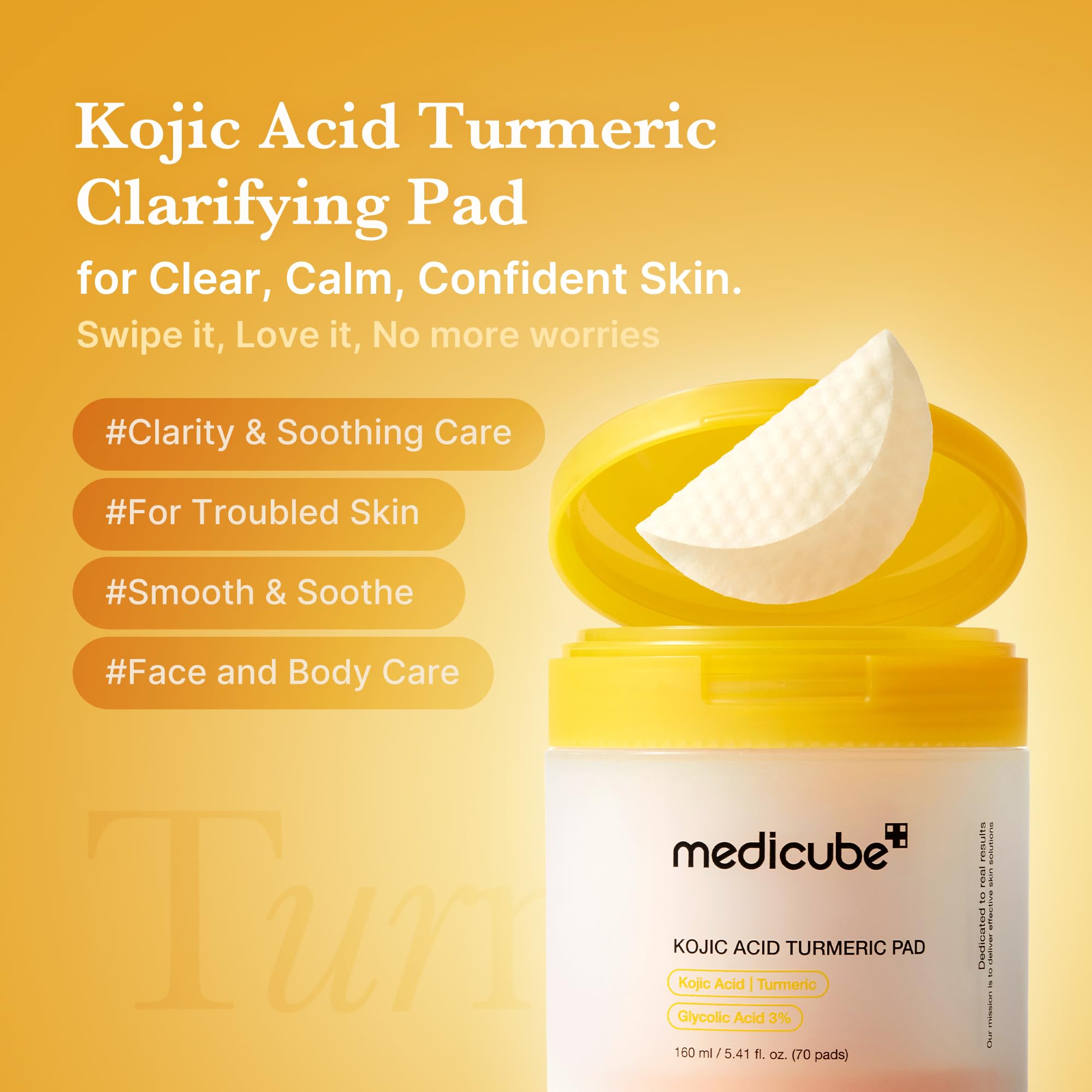 medicube Toner Pads Kojic Acid Turmeric Clarifying Toner Pad for Troubled Skin & Use After Spot Care, Soothing with Kojic Acid, Turmeric, Niacynamide, Glycolic Acid, Korean Skin Care, 70 Pads (1 Pack)