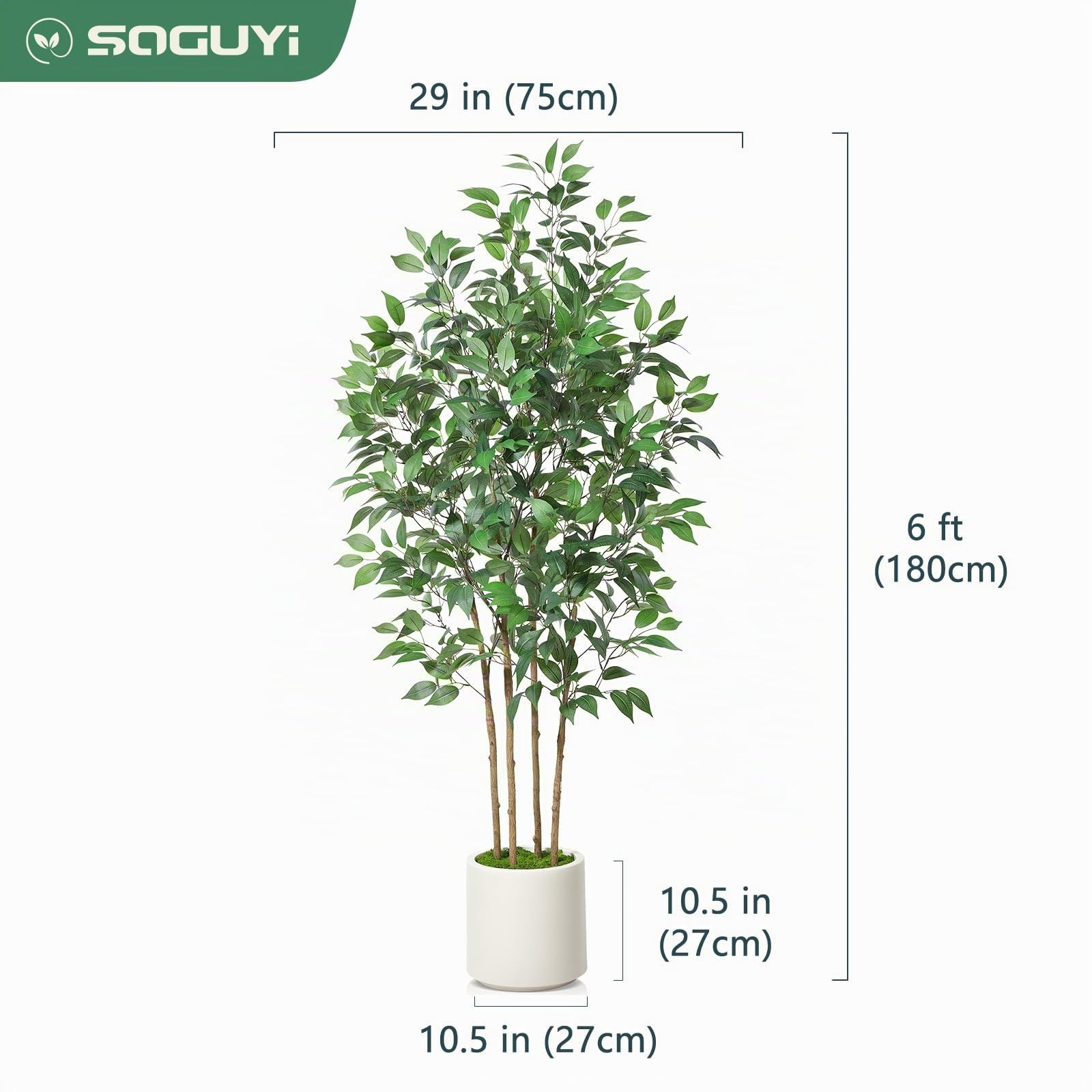 SOGUYI Ficus Piante Finte 180 cm Pianta Artificiale da Interno, Pianta Finta da Grandi in Fioriera in Ceramica Imitazione Bianca con Muschio Finto Verde per Soggiorno(1 Pezzi) | Muschio decorativo verde; decorazione per casa, ufficio e interni