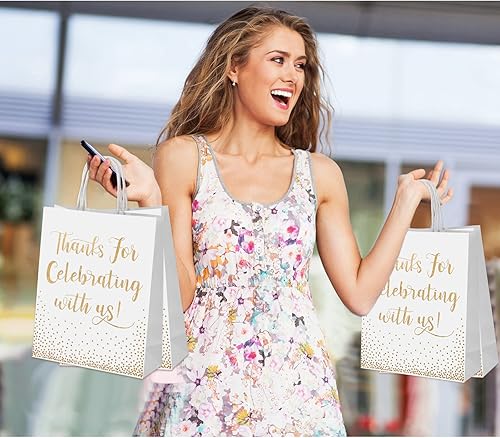 Miniatura 2 de 45 bolsas de bienvenida de boda para invitados de hotel, regalo de boda de lámina dorada con asas, gracias por celebrar con nosotros, bolsas de