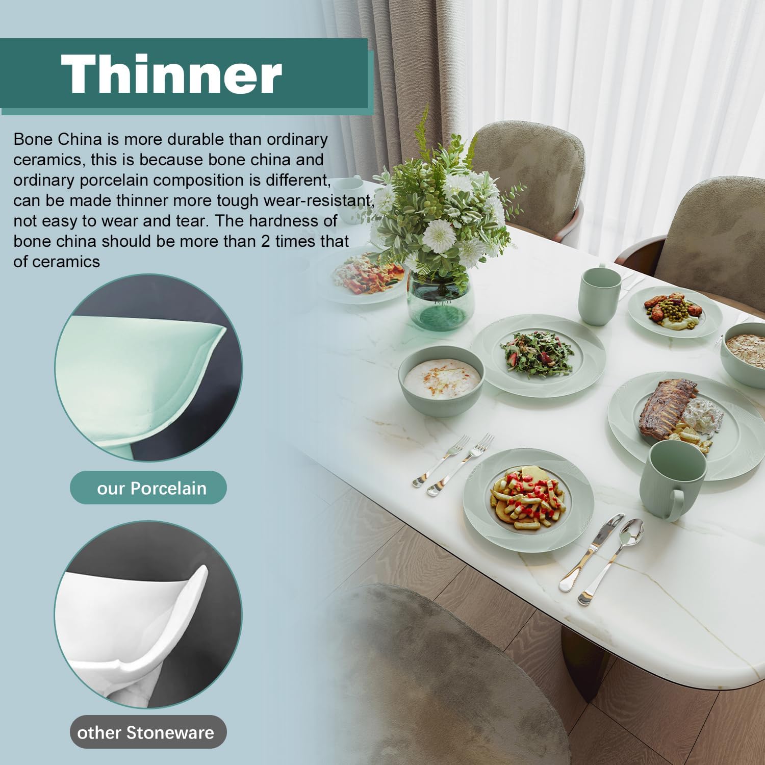 Yoshy 12-Piece White Bone China Dinnerware with Lightweight Durable Chip Resistant Design Service for 4 (16 Piece - Service for 4, Willowmist) - Image 4