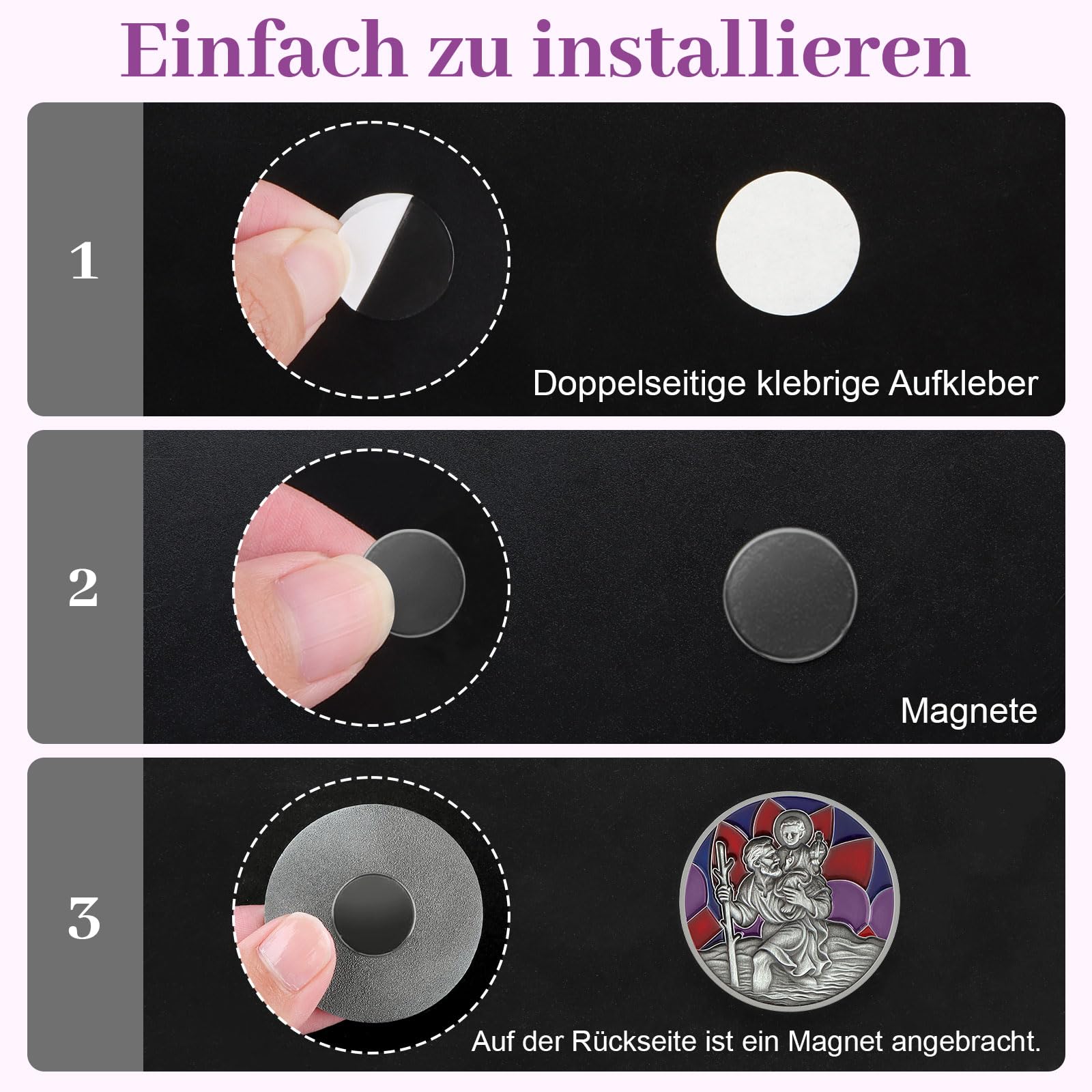 DXLing Placa de San Cristóbal para Coche Ø 4 cm Medalla de San Cristóbal para protegernos y Venir a casa Imán de Coche de San Cristóbal con imán Bolsa de Terciopelo y Pegatinas Adhesivas de Doble Cara - 5