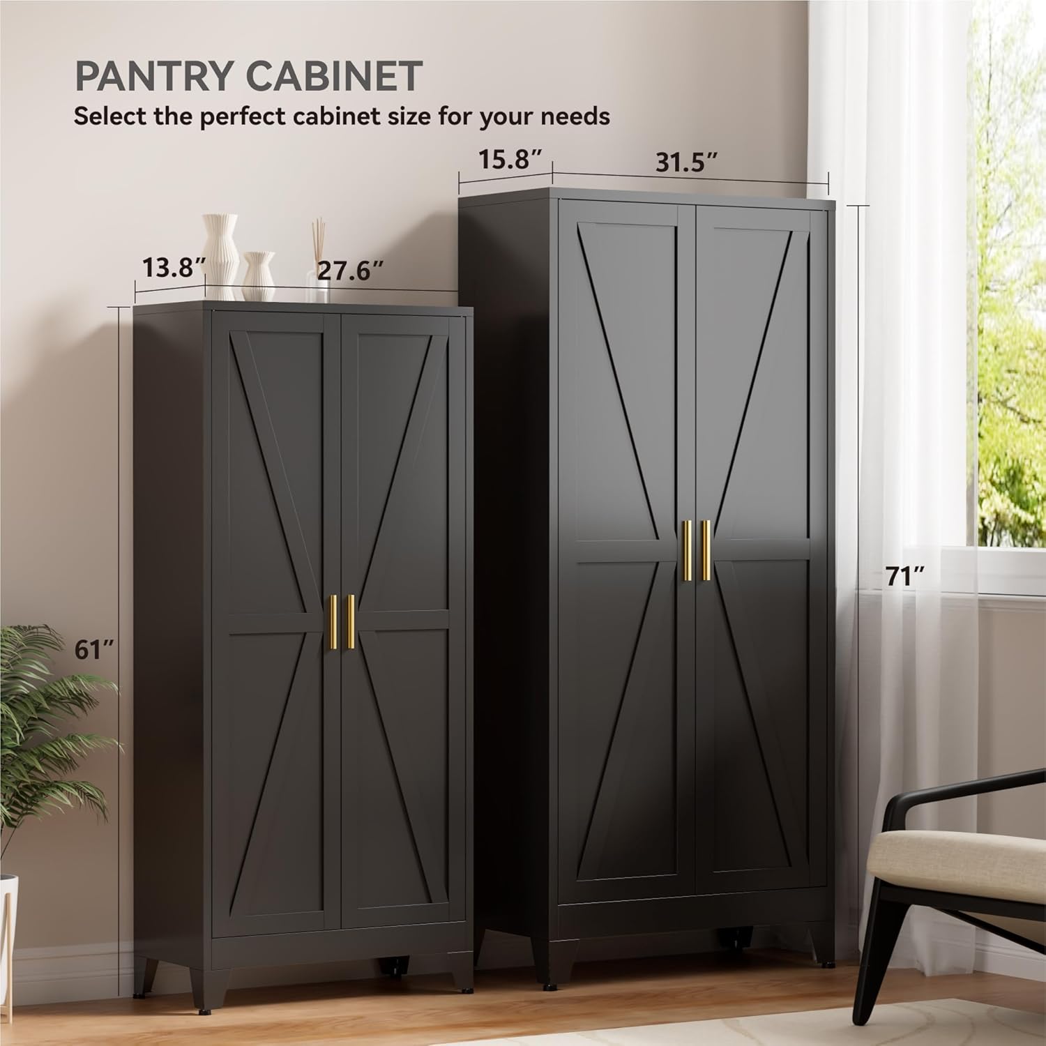 Farmhouse Pantry Cabinet with Barn Doors,61" H x 27.5" W,Metal Cabinet with Adjustable Shelves,4-Tier Storage Cabinet for Kitchen Dining Room Garage Office,Black 1 Pack