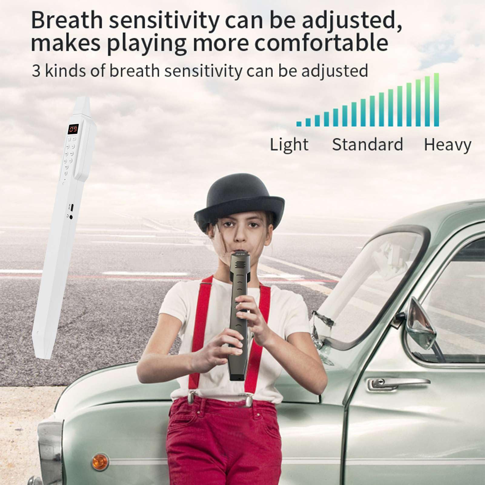 Instrument à Vent électronique, BT Digital Wind Instrument DC02 Mini Instrument de Vent électronique Numérique avec Buse Amovible et Batterie Rechargeable, 10 Tons (WHITE)
