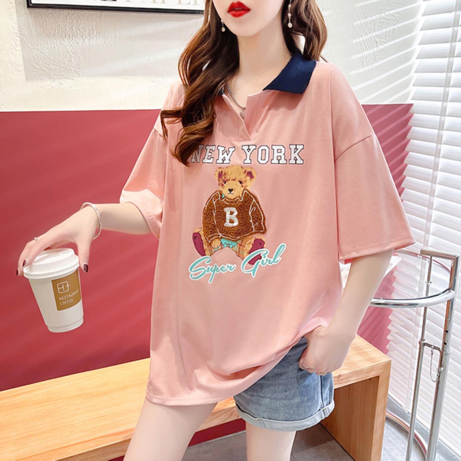 Donne T-Shirt T-Shirt Casual Basso Orso Pattern Teas Stampa Tees Sciolti-Pink,M