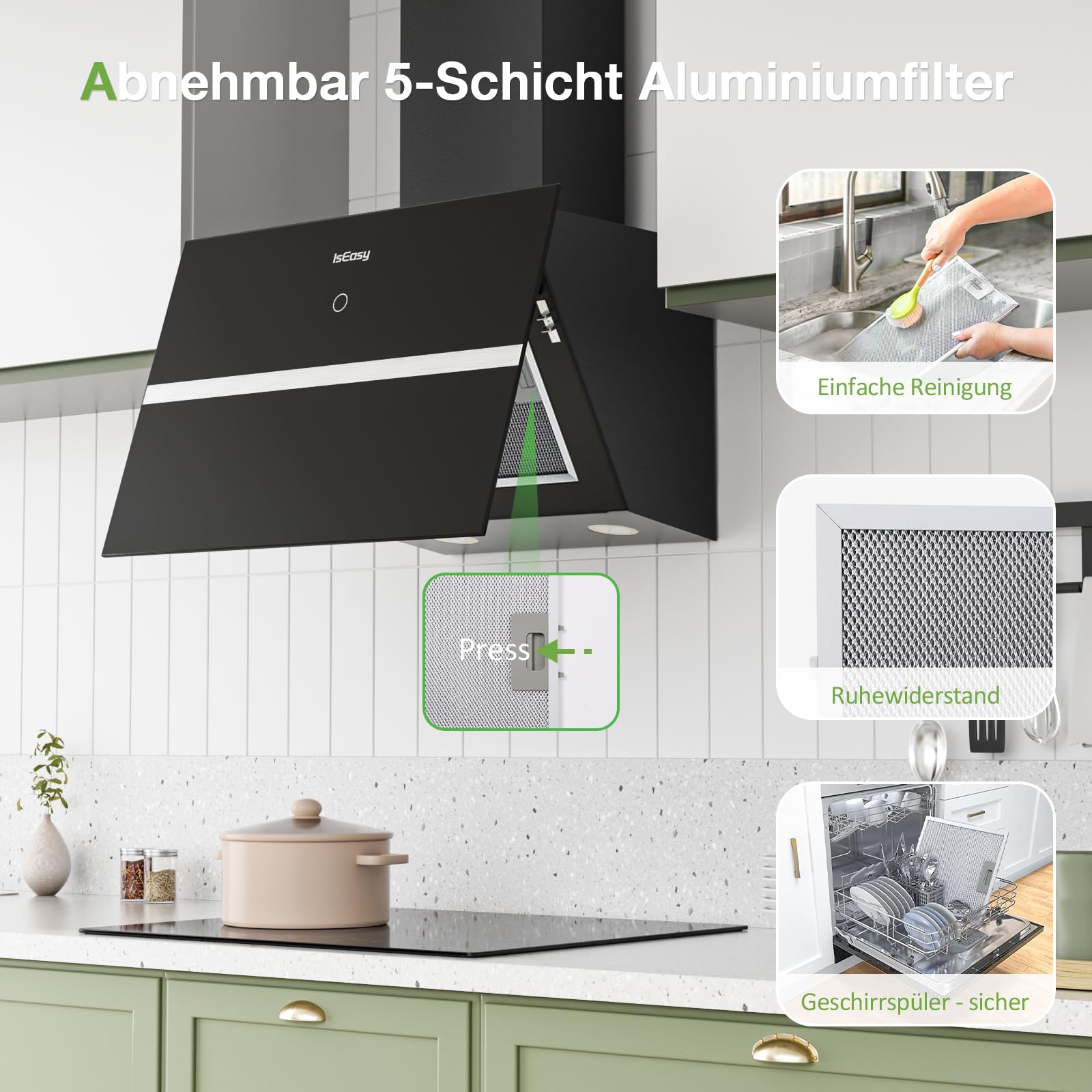 IsEasy Dunstabzugshaube 60 cm 578 m³/h Umluft Abluft 4 Stufen 58 dB Schwarz A++