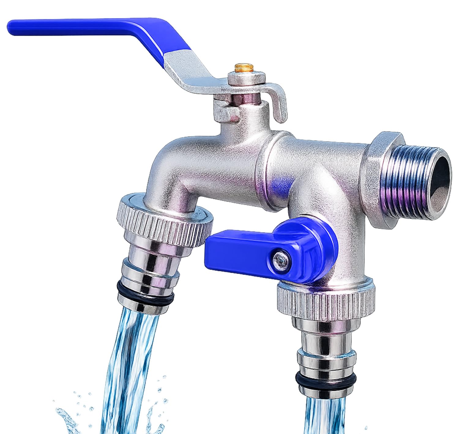 PANCA 1/2 Inch Dual Outlet Garden Faucet Splitter | Heavy Duty Double Valve Water Tap with Individual Flow Control | Zinc Alloy Bib Cock Connector for Garden, Kitchen & Bathroom (Red) (Blue)